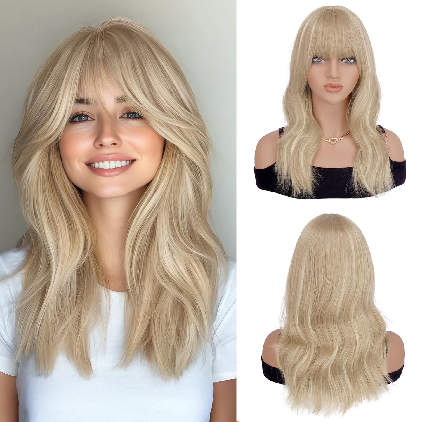 Brown Wigs with Bangs - 19 Inch Natural Wavy Synthetic Heat Resistant Hair for Women | Blonde Mixed Brown