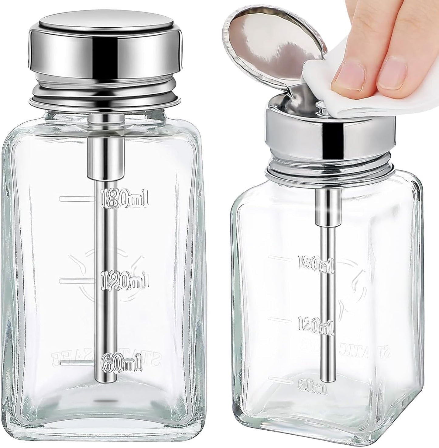 Noverlife Clear Glass Pump Dispenser Bottles - 2PCS 6Oz Nail Polish Remover Containers | Refillable Flip Top Cap