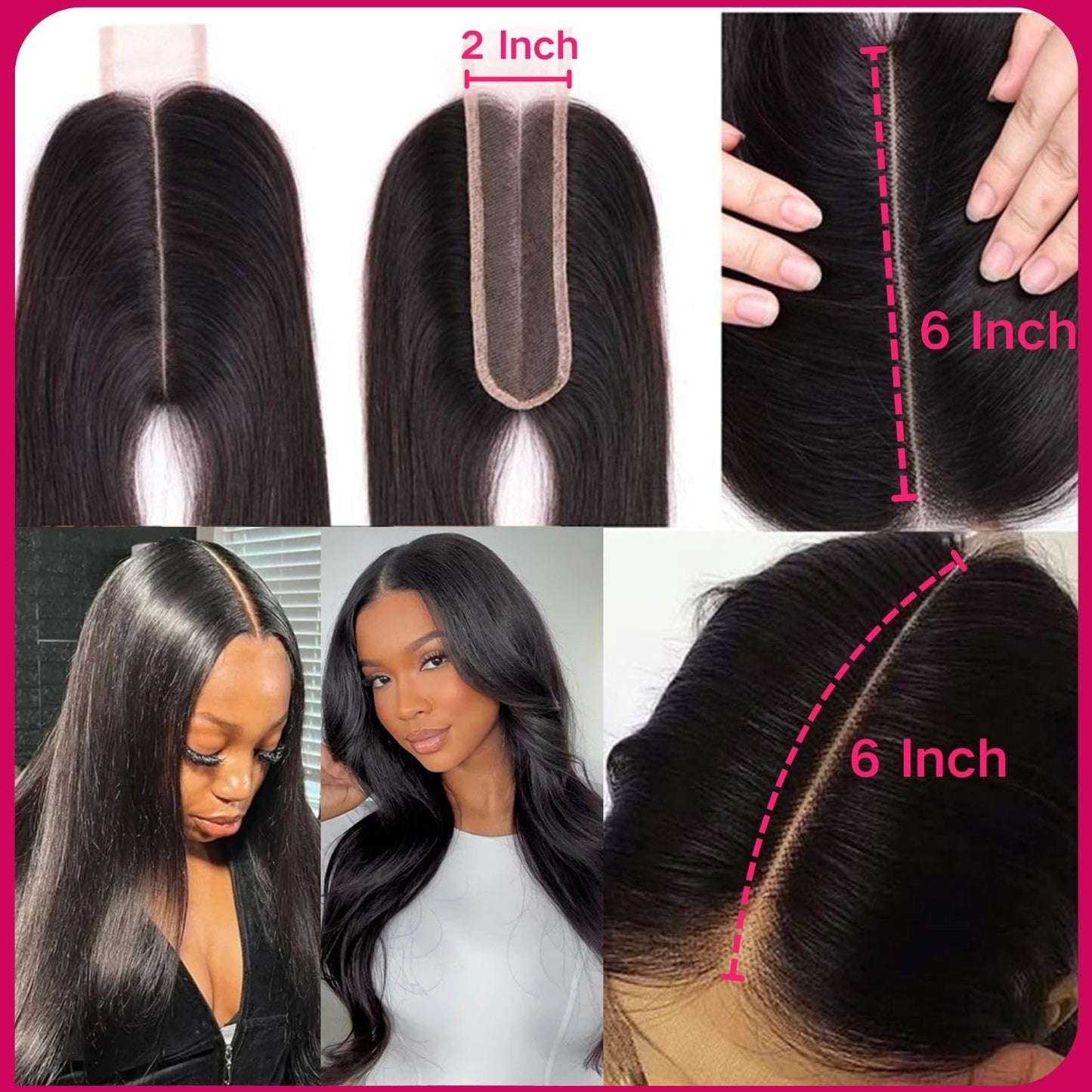2x6 Hd Lace Closure, Middle part Straight Human Hair Closure Invisible Transparent HD Lace, 14 Inch 2 by 6 Lace Frontal Closure Only Bleached Knot Pre-Plucked Natural Hairline Natural black 14inch