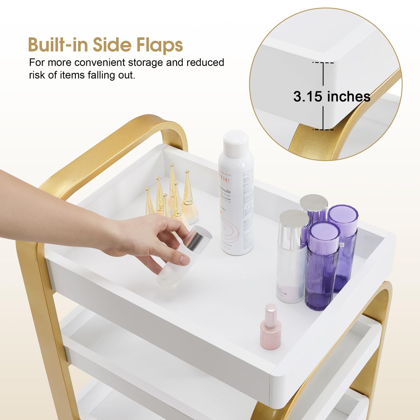 BarberPub Salon Storage Trolley with Shelves, Beauty SPA Rolling Cart with Lockable Wheels, 3-Tier Stylist Tool Organizer, Barber Mobile Station Equipment 2085 (Gold&White)