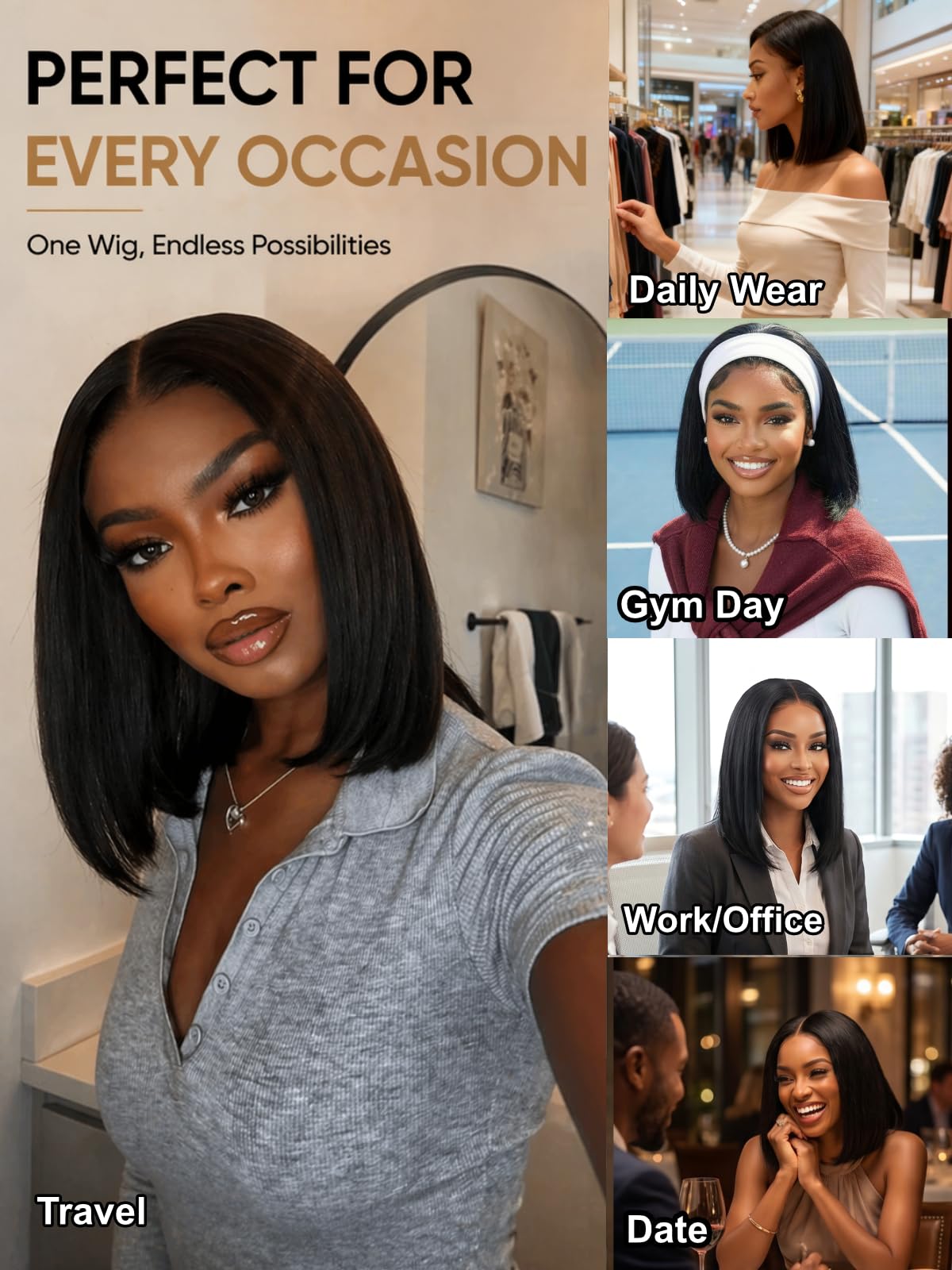 UNICE 10Inch Straight Bob Wig Human Hair, 7x5 Lace Front Glueless Wig, Pre-Plucked Pre-Cut Bleached Knots, 150% Density, Beginner Friendly Drawstring Wig, Secure Fit Put On and Go Natural Hairline