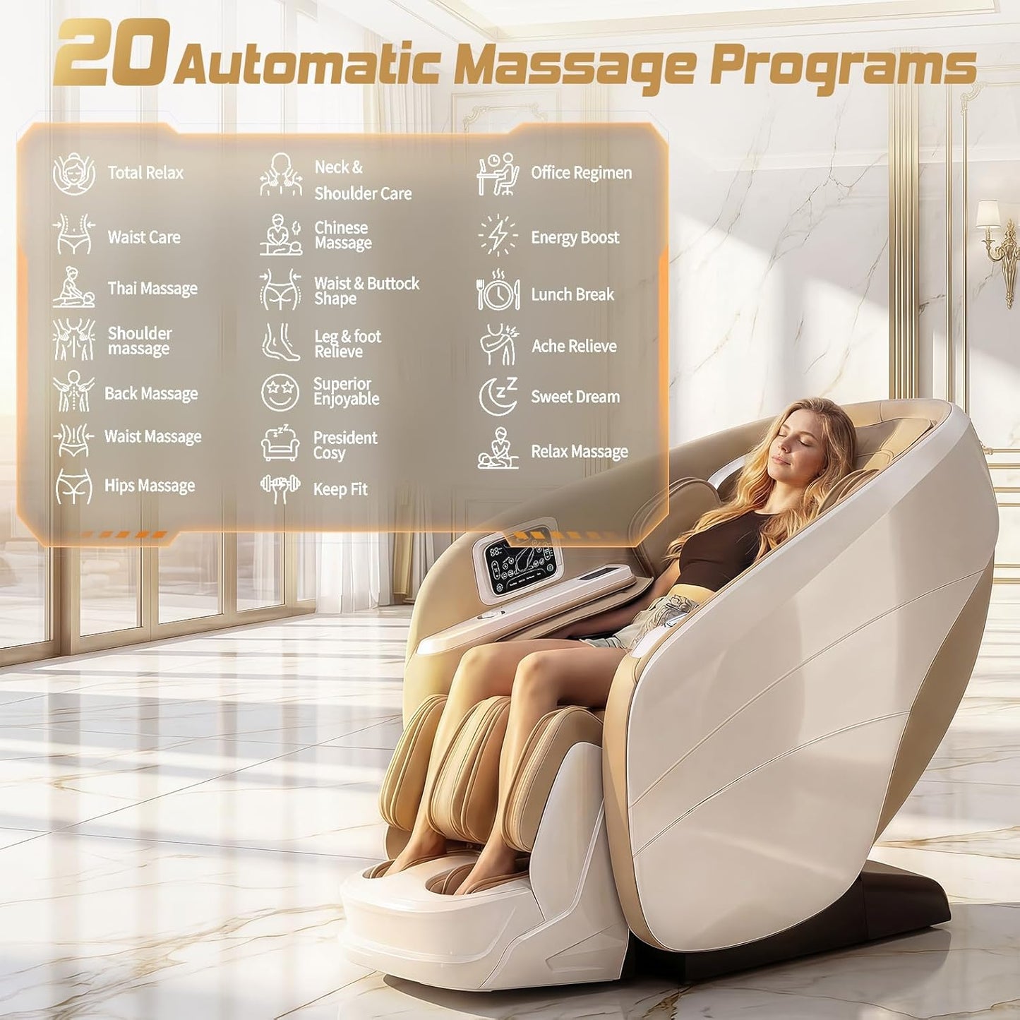 4D Massage Chair - Full Body Zero Gravity Recliner with 34 Airbags & 20 Auto Programs | AI Voice Control, 55" SL Track, Beige