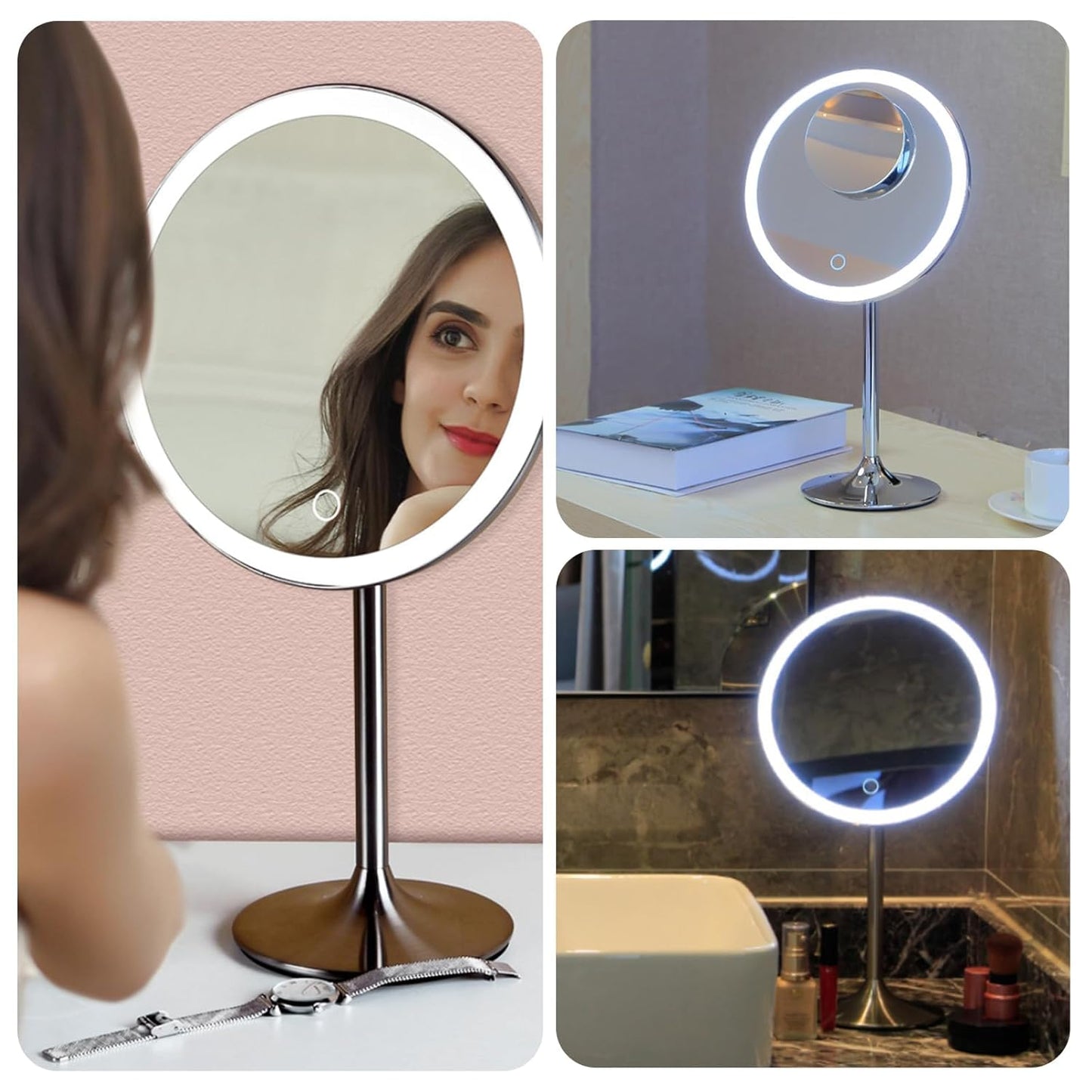 Vanity Makeup Mirror with Lights - 9-Inch, 5X & 10X Magnification, Rechargeable, Touch Dimming, Adjustable Angle