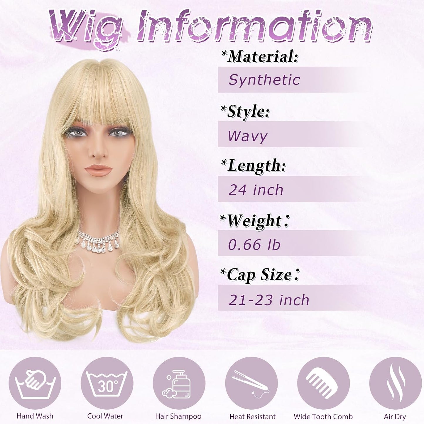 Blonde Wigs with Bangs - Long Wavy Layered Synthetic Hair Wig | Natural-Looking, Heat Resistant, 24 Inch for Daily Wear & Parties