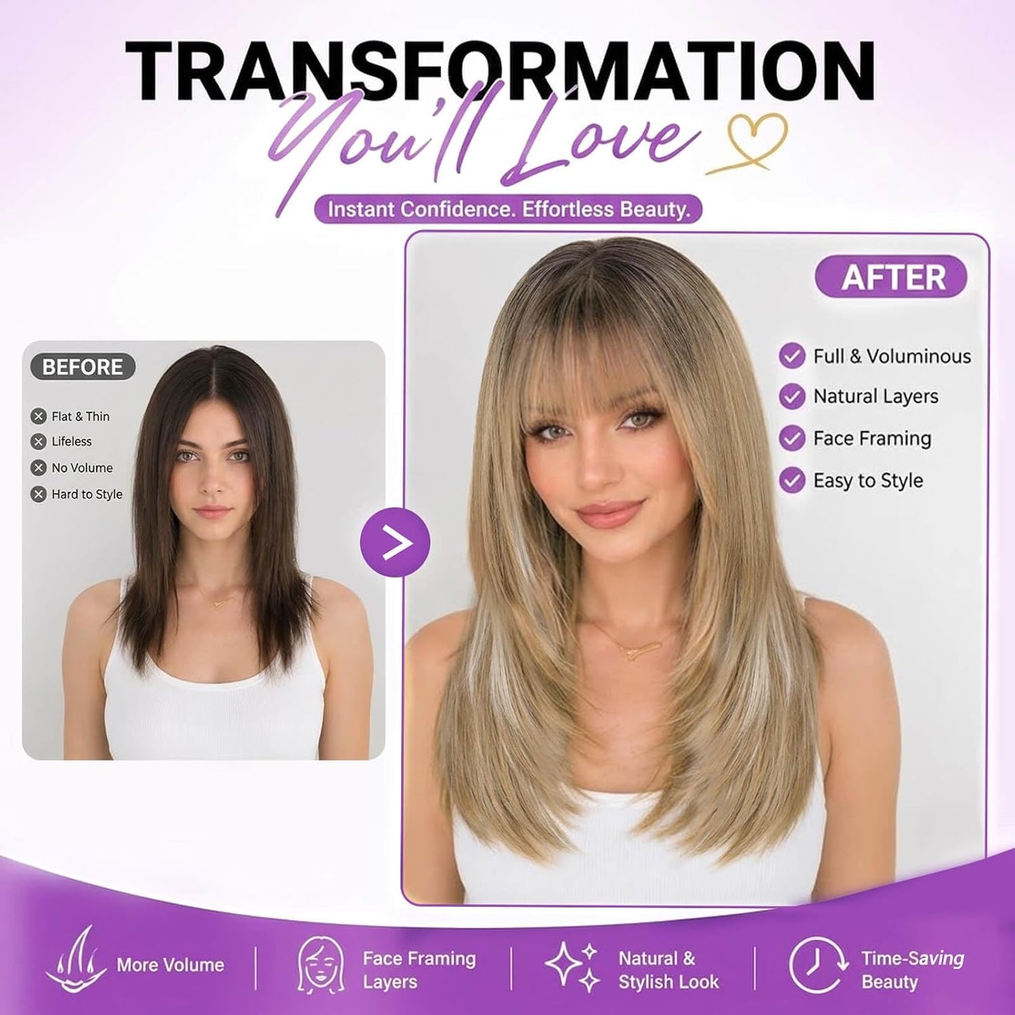 Beginner-Friendly Ash Blonde Wig with Bangs - 4x4 Glueless Synthetic Hair, Medium Length, Face-Framing Layers