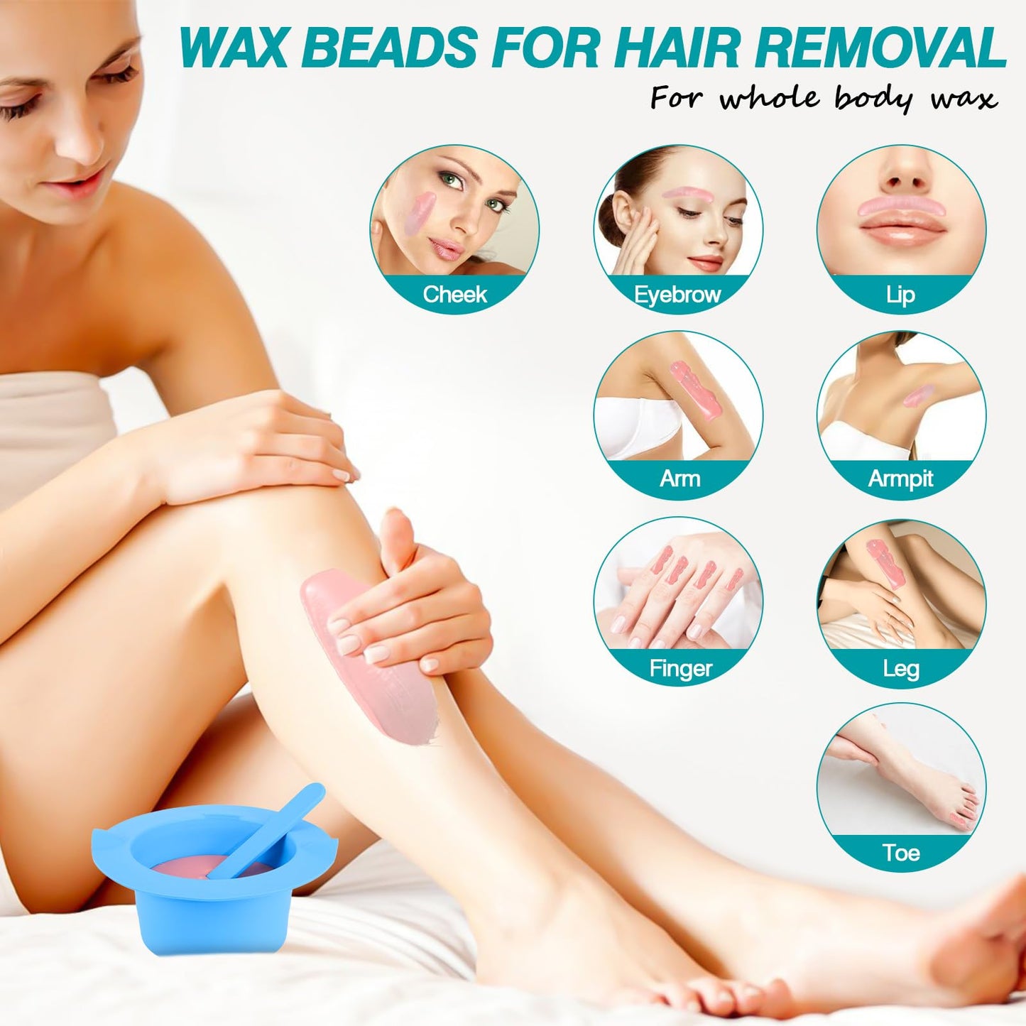 2.4 lb Hard Wax Beads Bulk, Professional Rosin-Free Brazilian Waxing Bead, Hypoallergenic Hair Removal Wax Bead for Sensitive Skin, Body, Bikini, Legs, Wax Beans Refill, 1 Silicone Pot and 5 Sticks