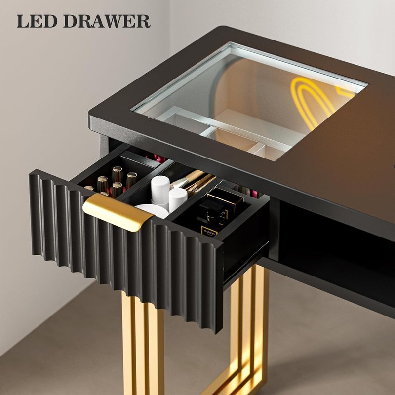 Manicure Table - Glass Top Nail Desk for Beauty Salon | Electric Downdraft Vent, Storage Drawers, Black & Gold Design