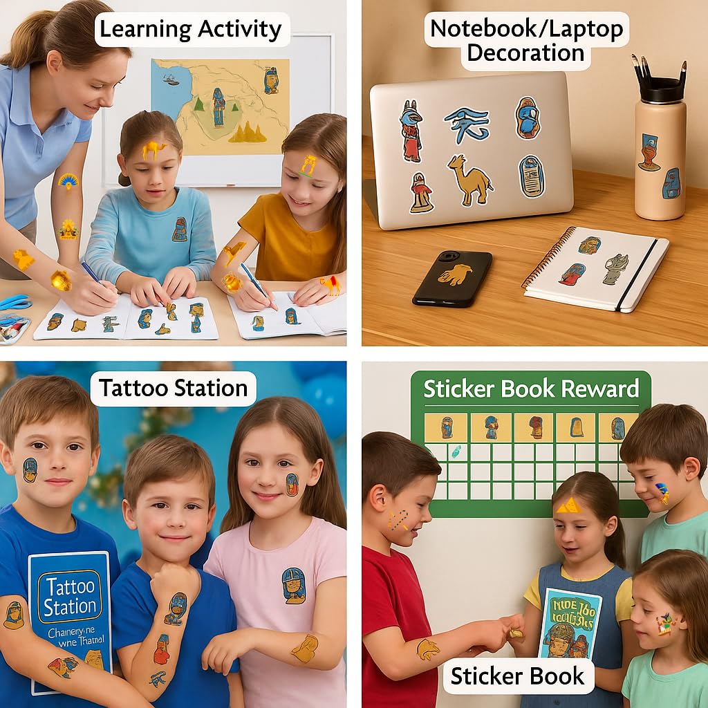 Ancient Egypt Temporary Tattoos - 96PCS Pre-Cut Pharaoh, Sphinx & Pyramid Designs | Perfect for Kids' Parties & School Projects