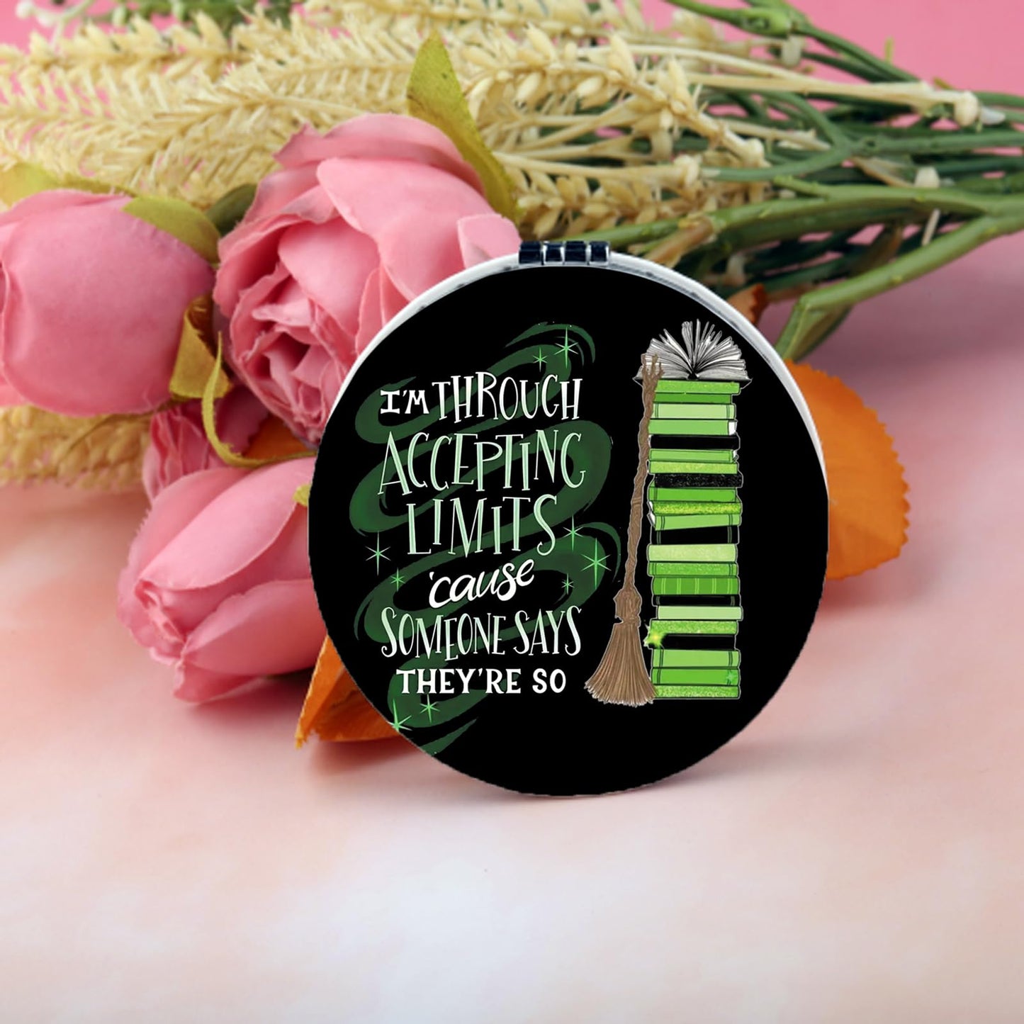 BEKECH Elphaba Quote Compact Mirror I’m Through Accepting Limits Green Witch Musical Makeup Mirror Gift for Theater Fans (Black)