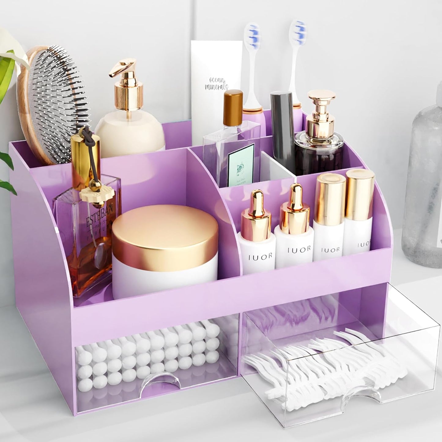 Makeup Organizer - Cosmetic Storage with Drawers for Vanity & Bathroom | White Beauty Holder for Lipstick & Brushes