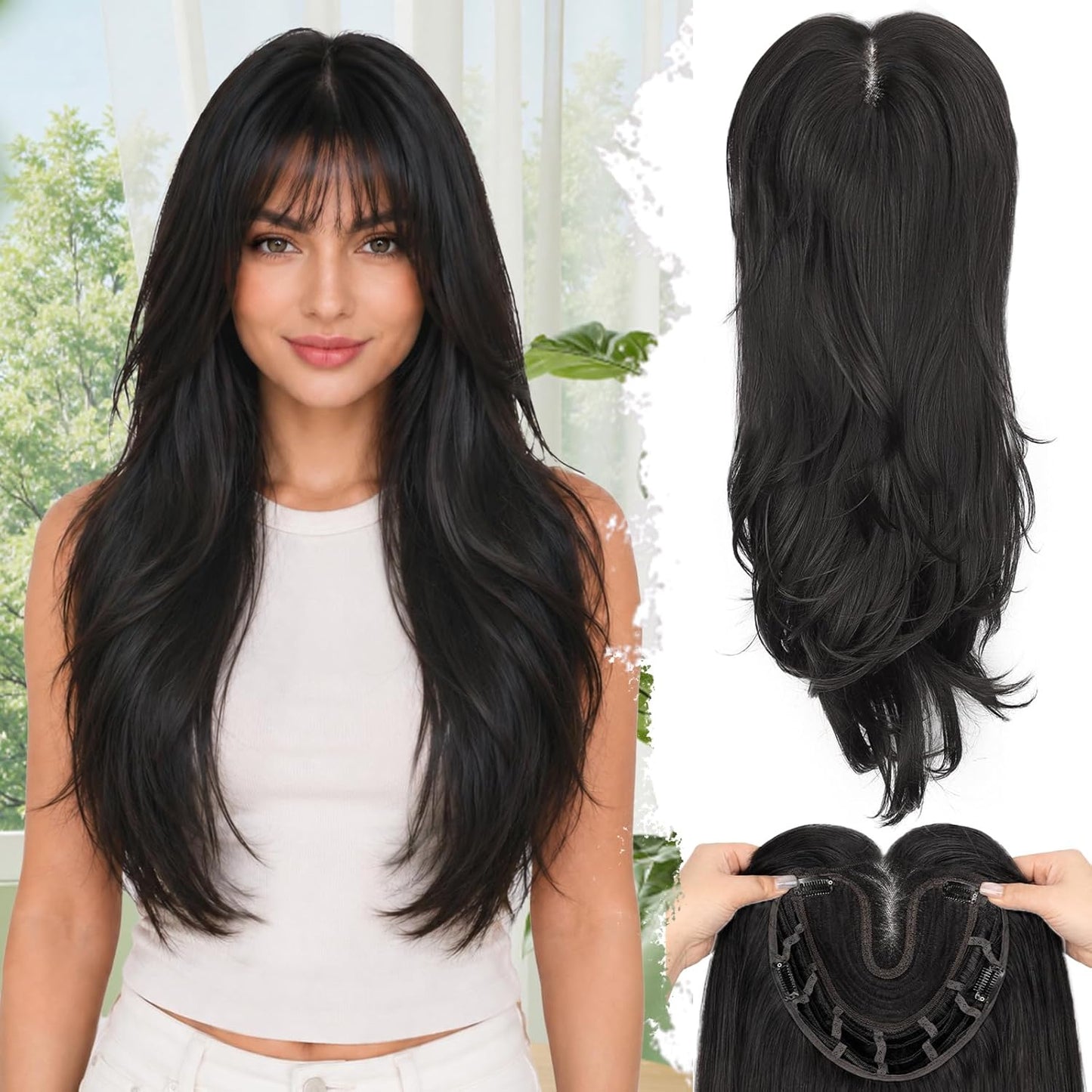 Hair Toppers for Women - 26-Inch 3D 360° Coverage Black Brown Long Straight Clip-In Synthetic Hair with Bangs