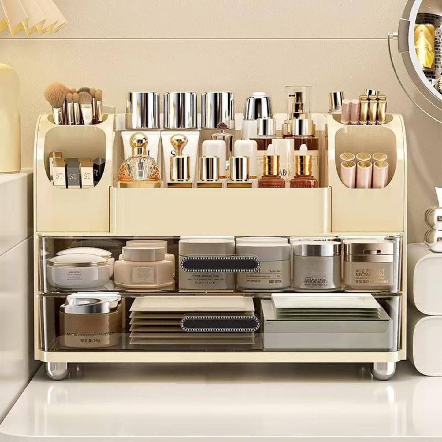 Makeup Organizer with Drawers - Vanity & Bathroom Countertop Storage for Brushes, Skincare, Lipstick | Cream Color