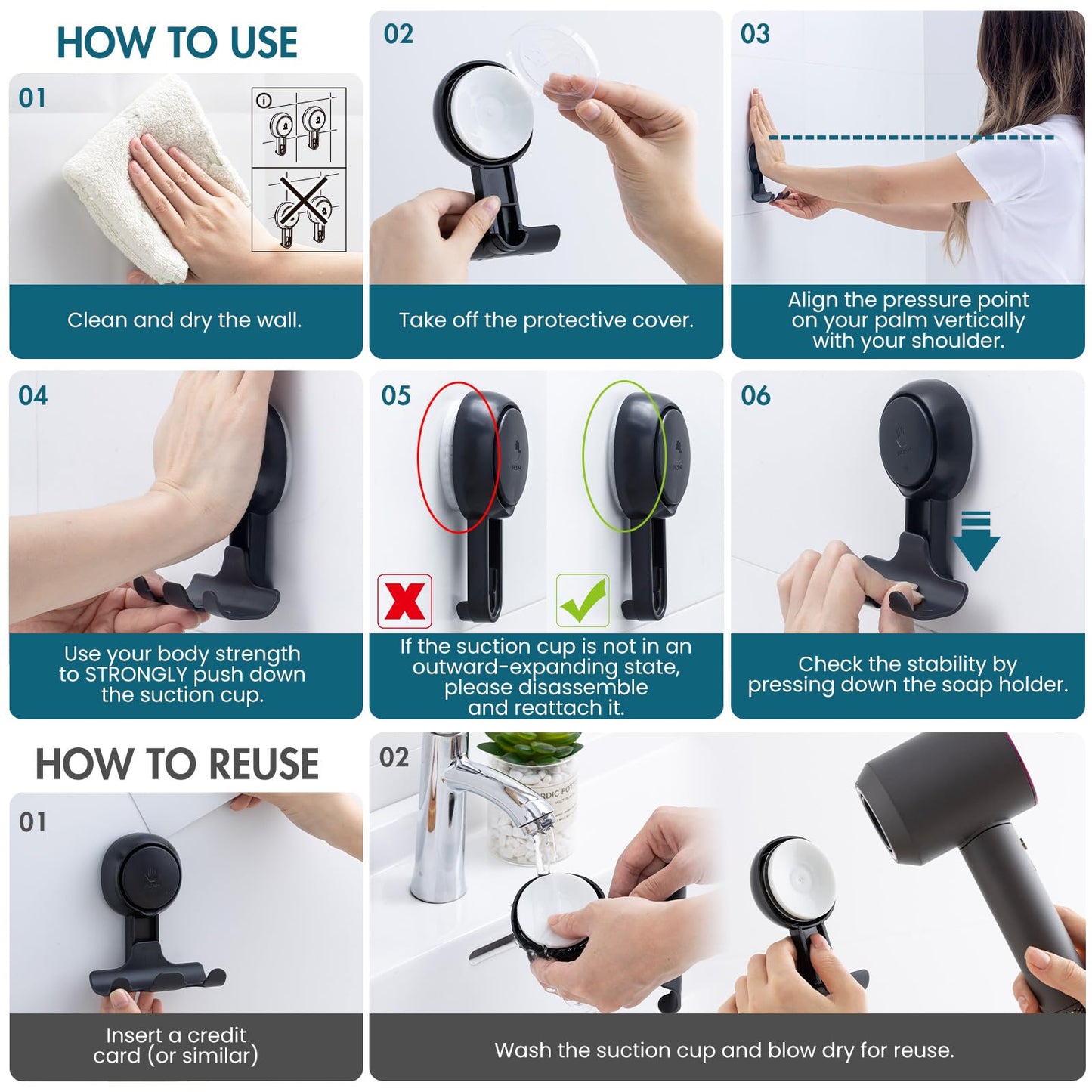 TAILI Suction Cup Razor Holder for Shower 2 Pack, Towel, Loofah, Shaver Holder for Shower Wall, Powerful Suction Cup Hooks for Inside Bathroom, Easy to Install and Reuse, Black