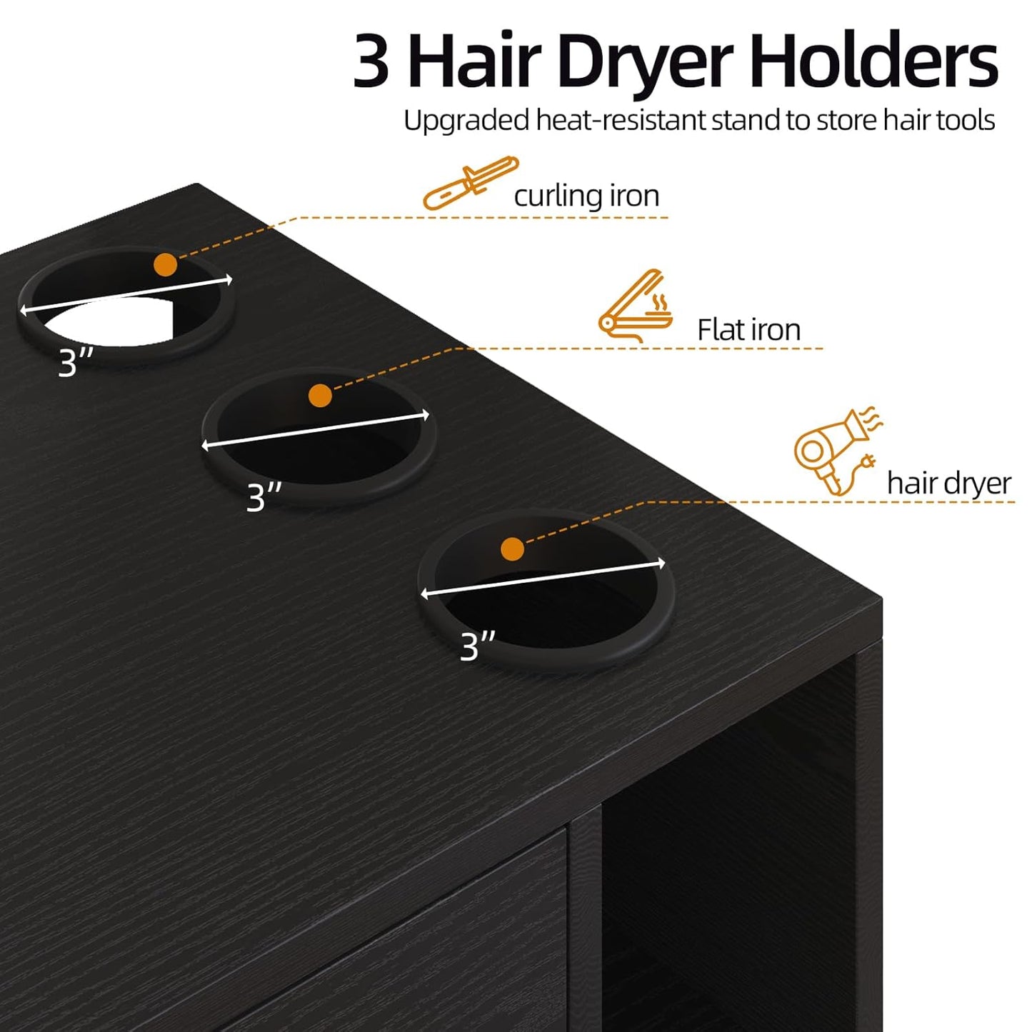 Wall Mount Salon Station - 36" Black Barber Organizer with Drawer & Shelves | 3 Dryer Holders