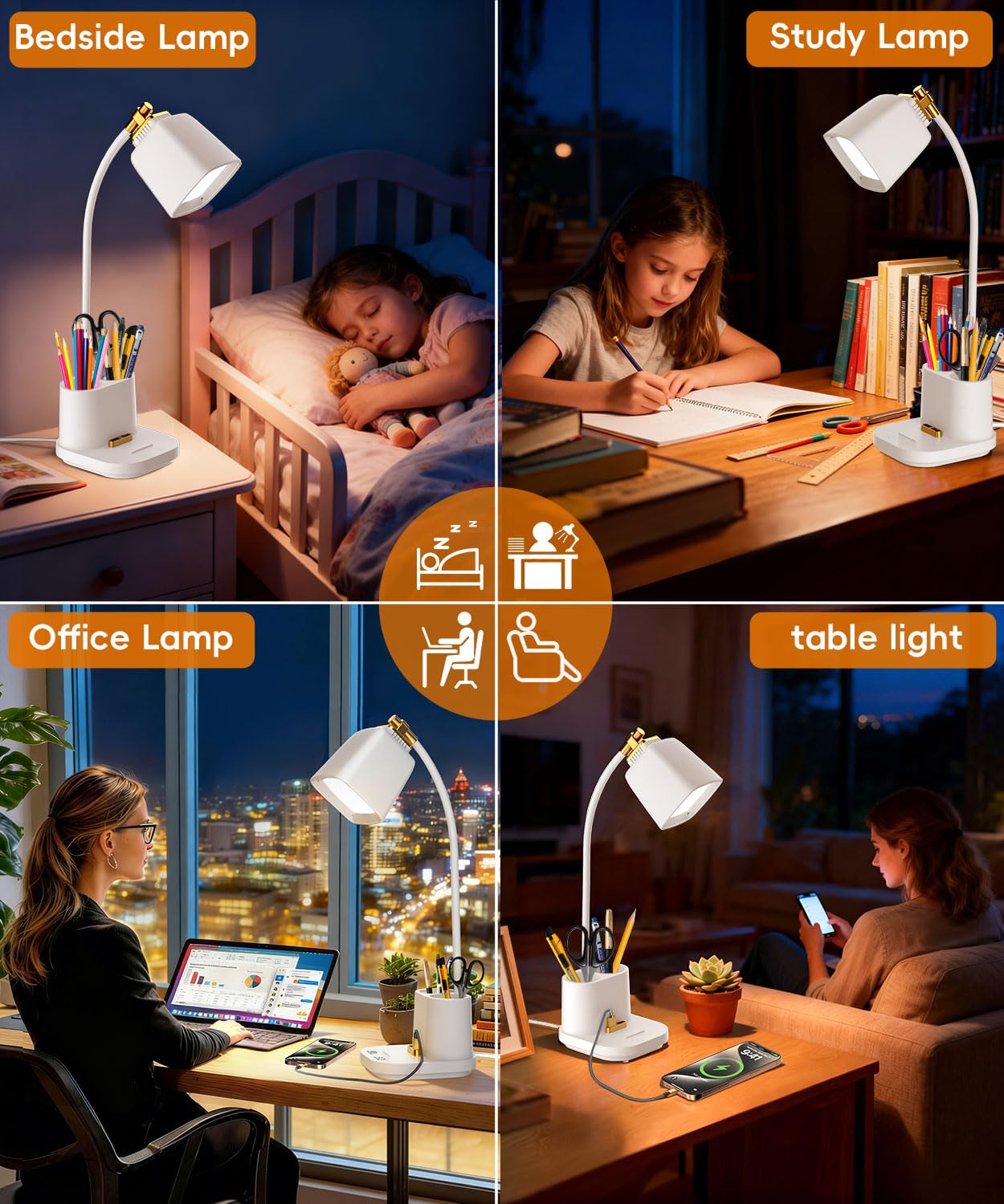 LED Desk Lamps for Home Office with Charger, Organizer, Desk Light Table Lamp for Bedroom, Study, Reading, Work, Nail, Gooseneck Small Desk Lamp for Artist, Puzzle, Drawing, Eye-Caring LED Office Lamp