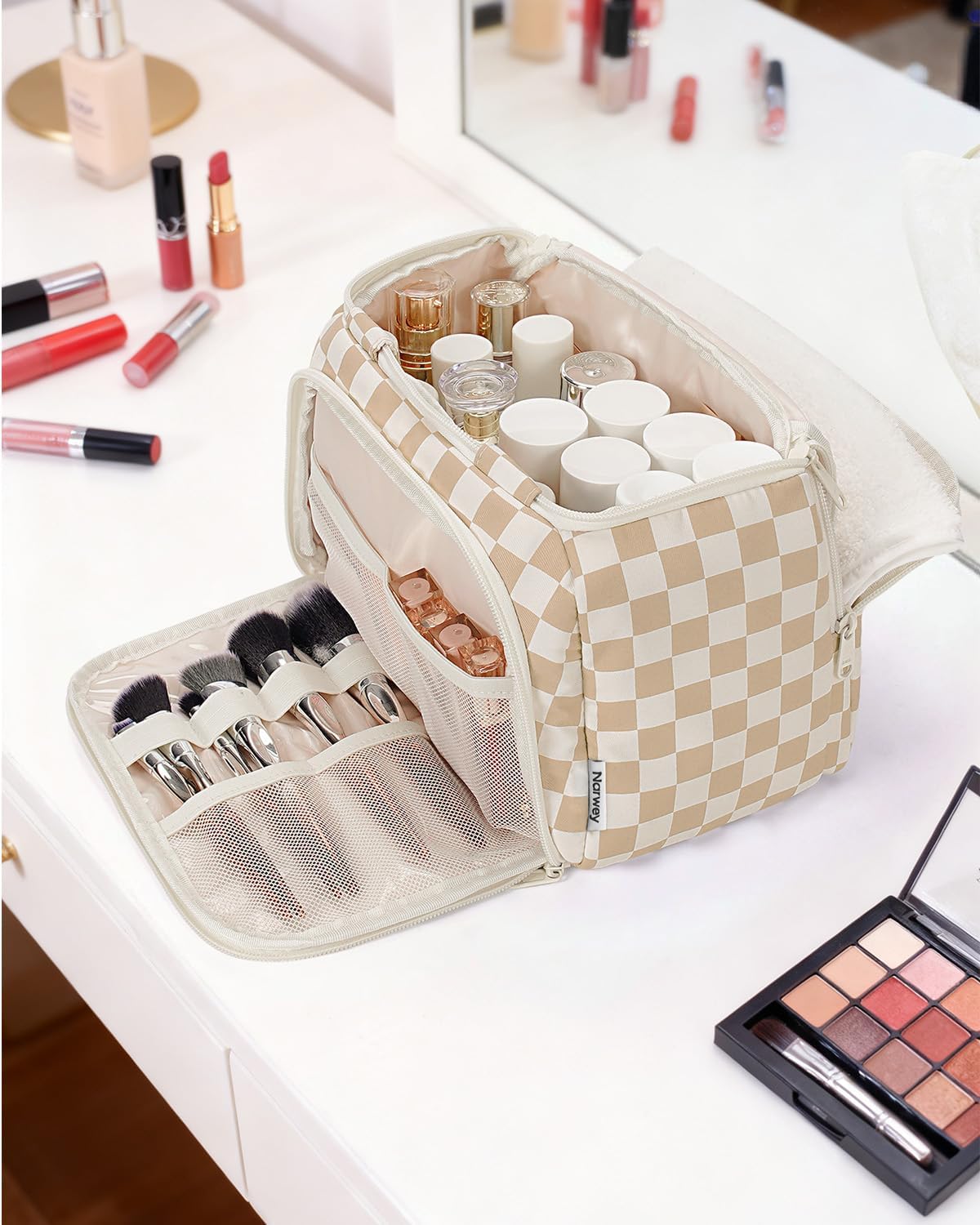 Checkered Travel Toiletry Bag for Women - Large Makeup Organizer with Handle | Light Brown Checkerboard