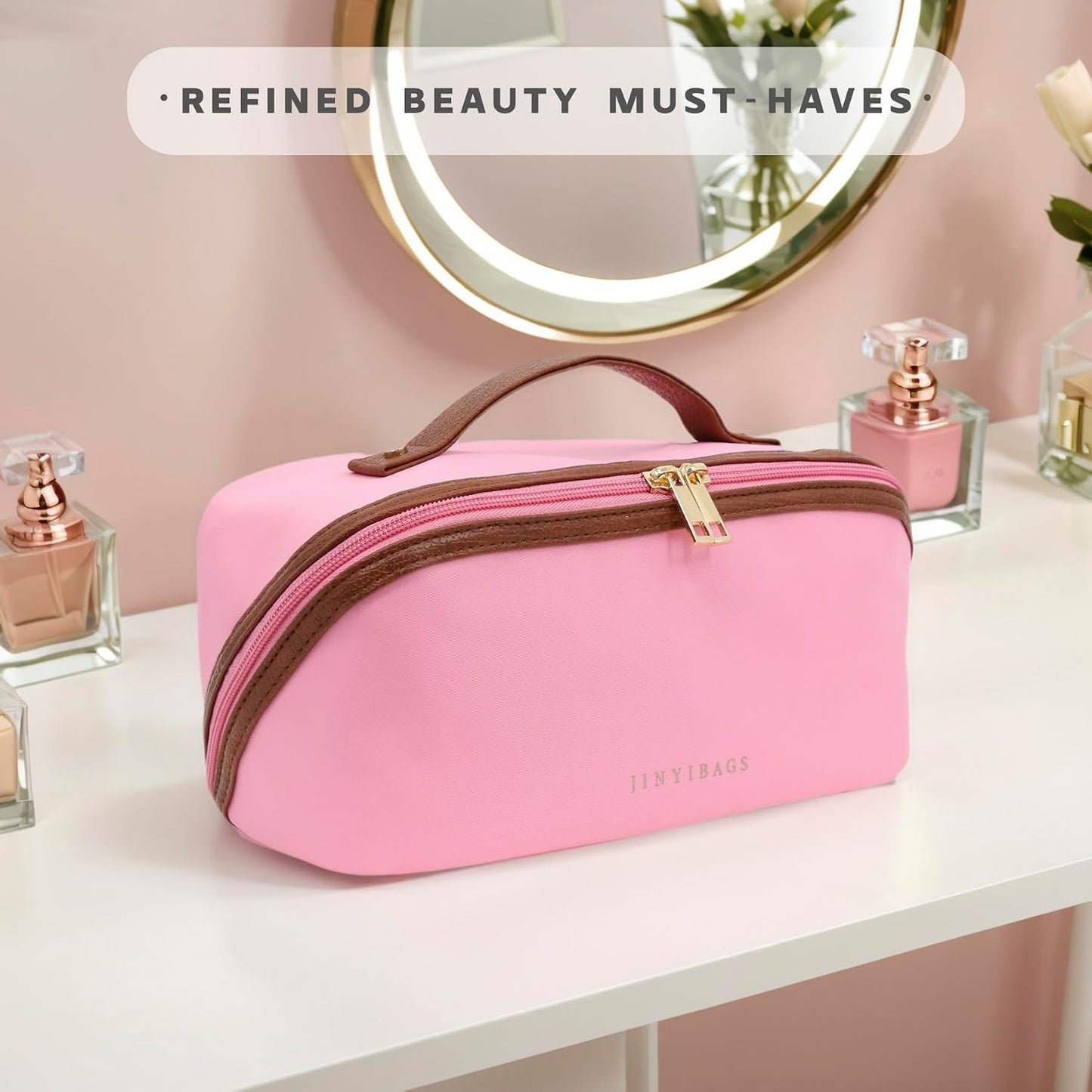 Travel Makeup Bag - Large Waterproof Cosmetic Organizer with Double Zipper | Pink Toiletry Pouch for Women