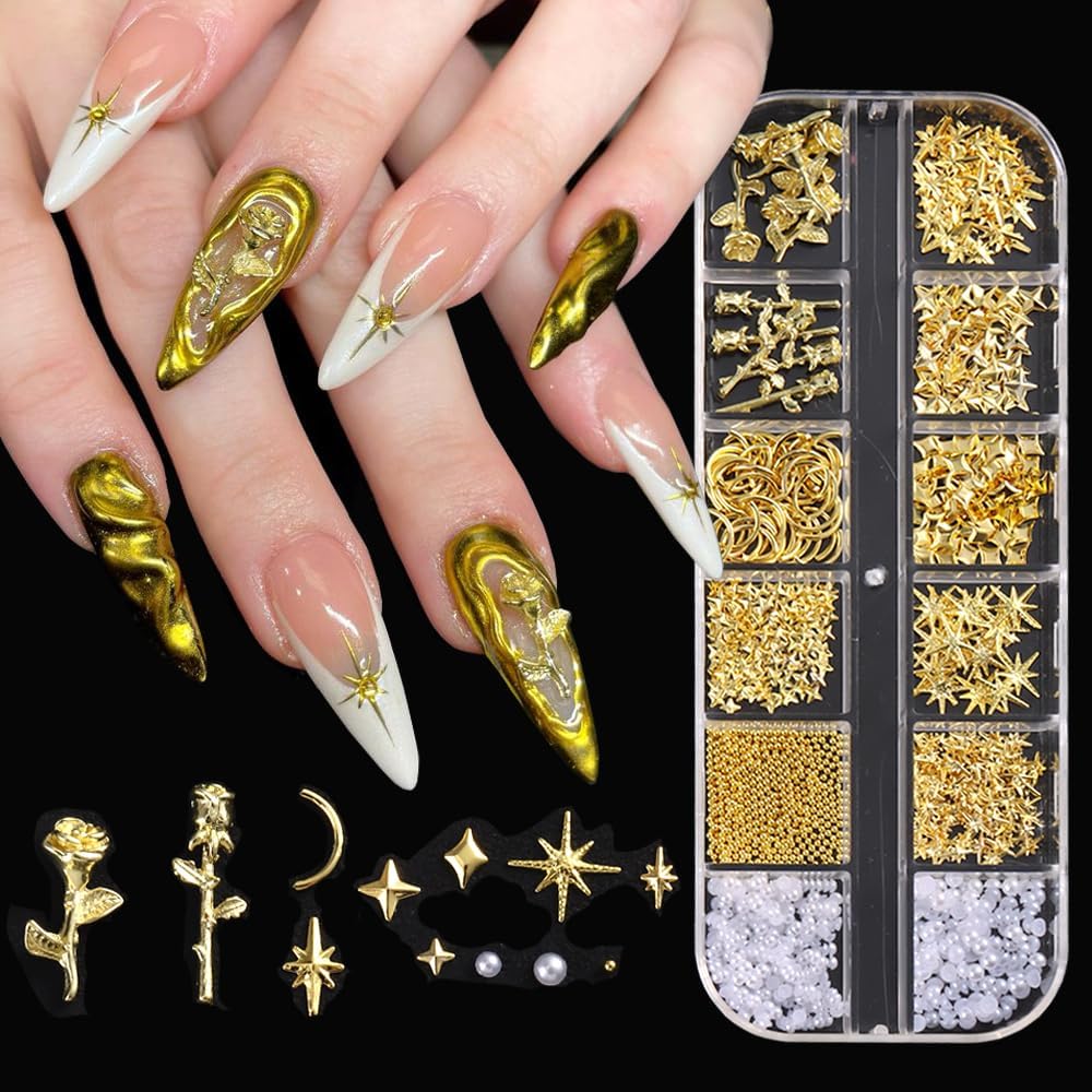 3D Star Nail Art Charms - Gold Metallic Studs & Rhinestones | Mixed Styles for DIY Manicure Supplies