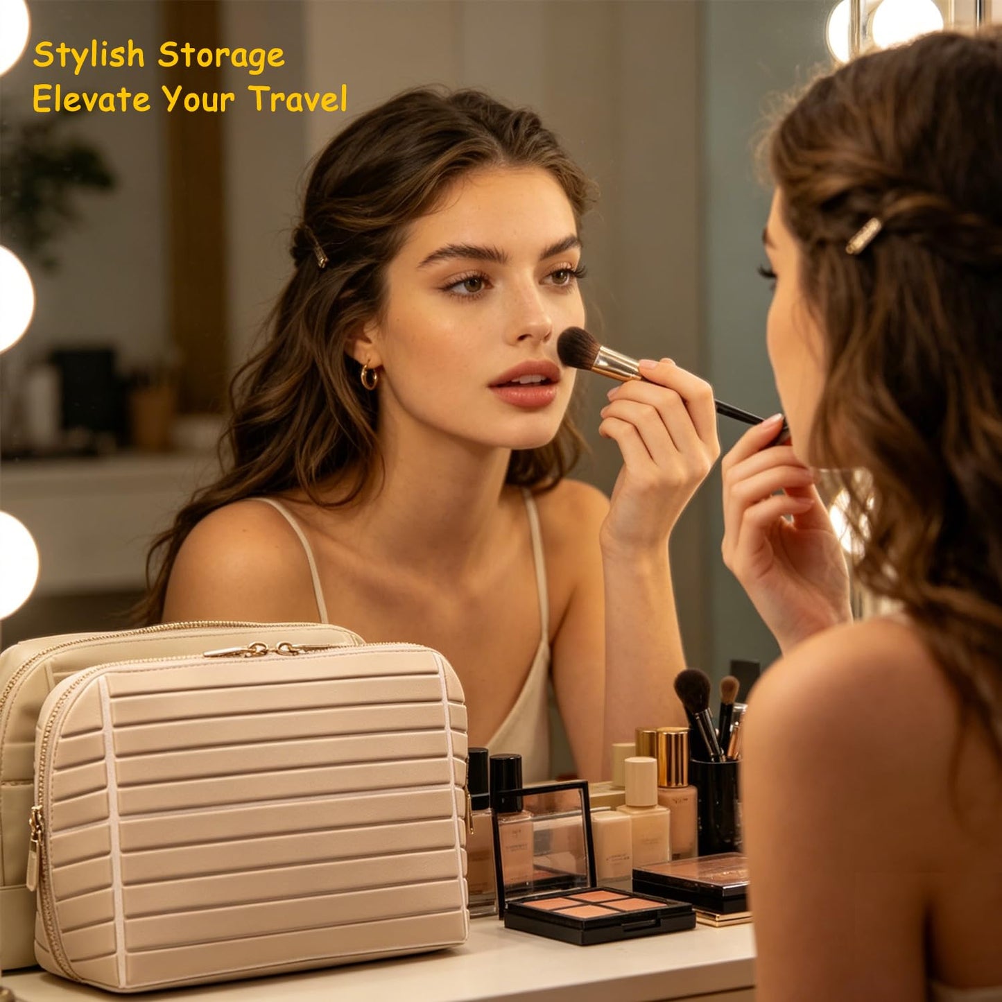 Slxypater Parallel Travel Makeup Bag,Foldable Makeup Bag,Waterproof Organizer Bags Large Capacity Flat Cosmetic Case with Compartments for Skincare, Toiletries (Nude, 7.87"×4.33"×7.09")