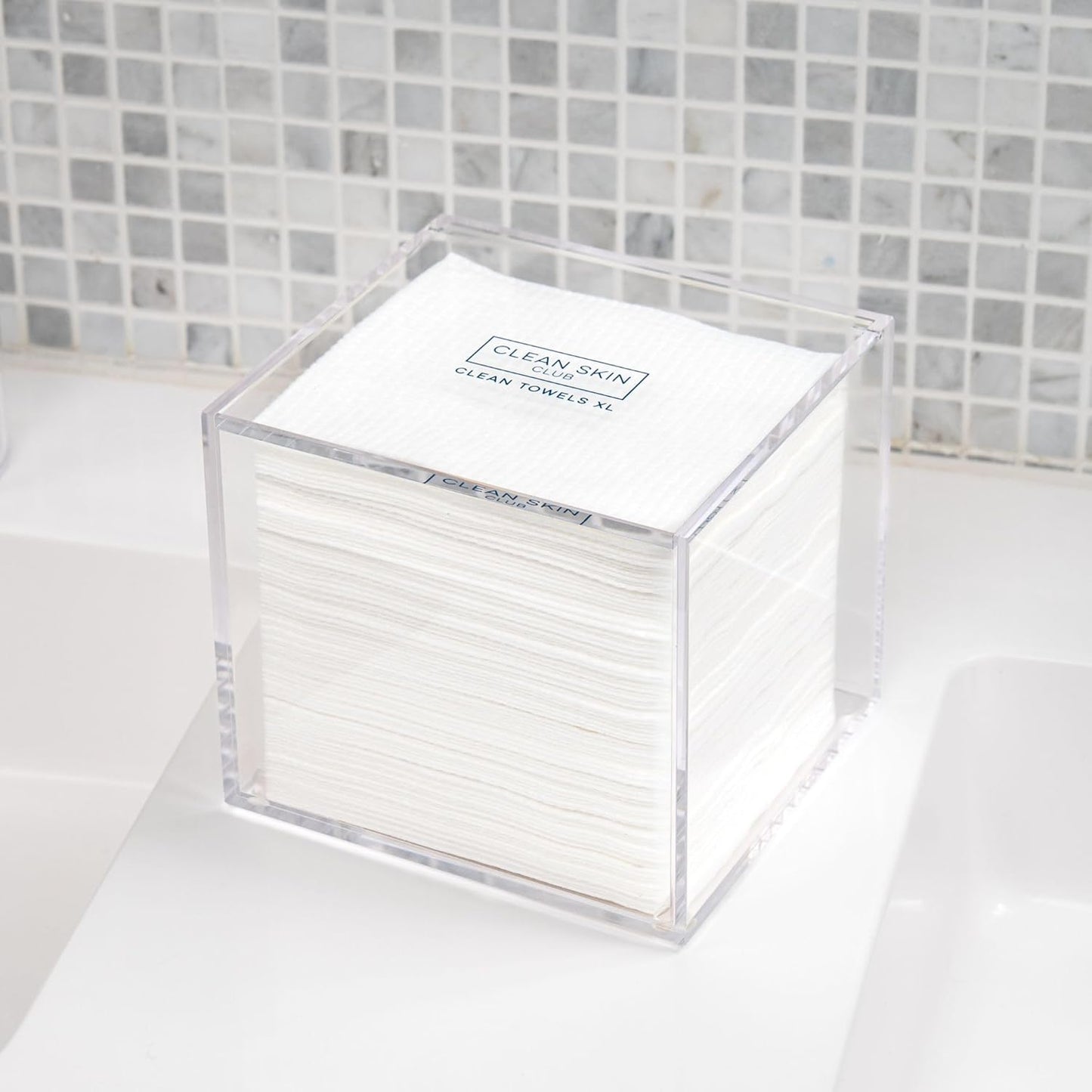 Clear Acrylic Box for Clean Towels - XL Storage Container for 50 Disposable Face Towelettes | Bathroom Counter Organizer