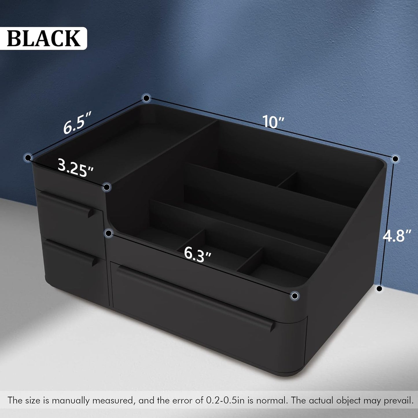 Makeup Organizer - Stackable Vanity Storage Box for Cosmetics & Jewelry | Black Drawer Tray
