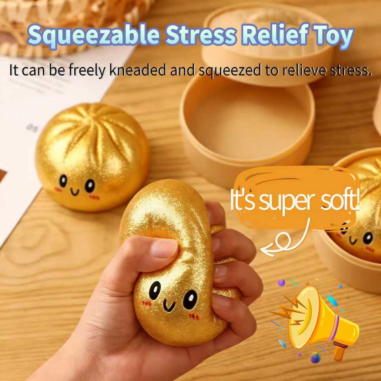 Glitter Dumpling Squishy, Colorful Dumpling Squishes Stress Balls with Steamer, Easter Gifts, Soft Squeeze Decompression Dough for Adults (Blue with Glitter)