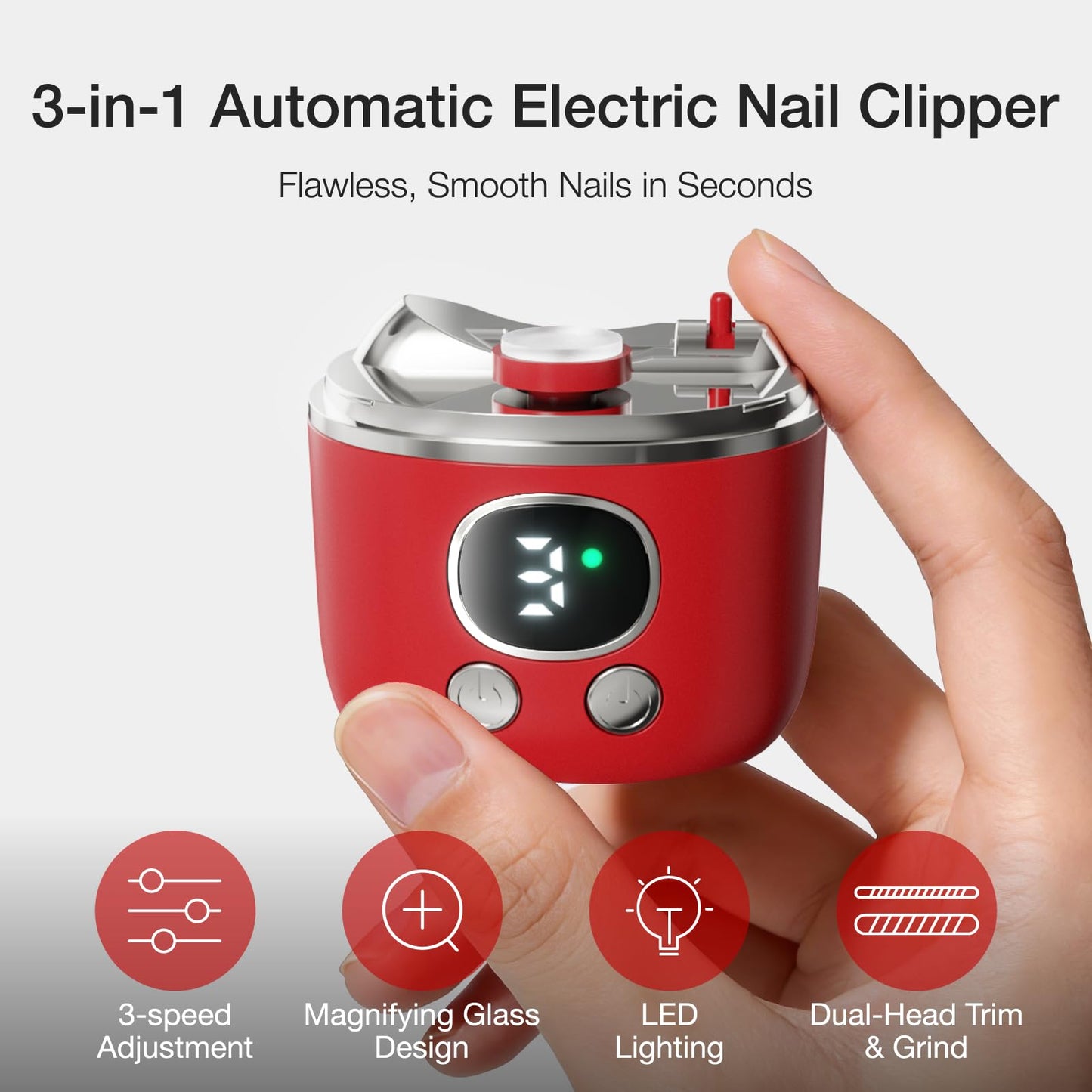 Electric Nail Clipper for Thick Toenails & Baby Nails, 3 Speeds Nail Trimmer with LED Light & Magnifying Glass, Safe for Seniors & Kids, USB Rechargeable, Nail Grinder with Storage (Red)