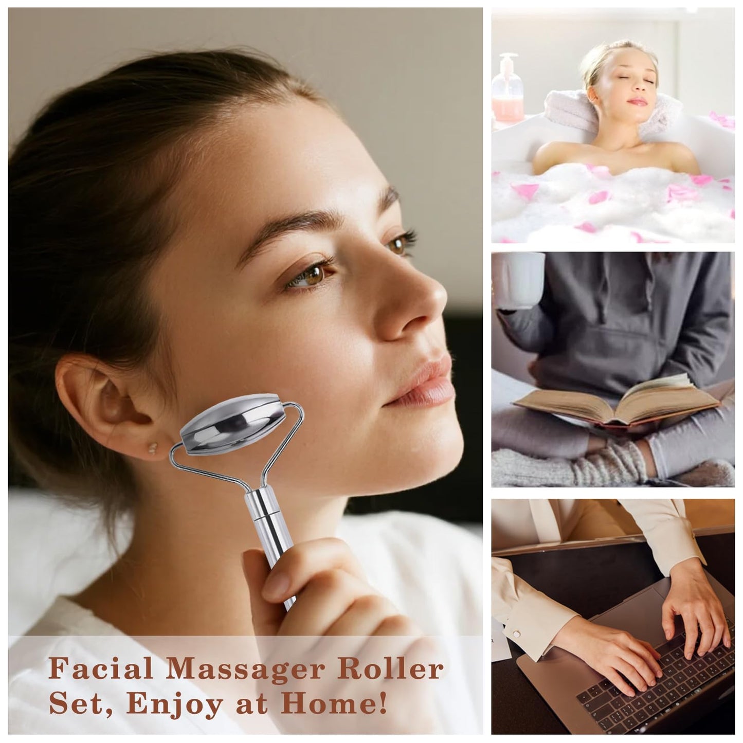 Unfovi Stainless Steel Gua Sha and Face Roller Set Facial Massager Tools, Lymphatic Drainage Massager Metal Gua Sha Skin Self Care Gifts for Women