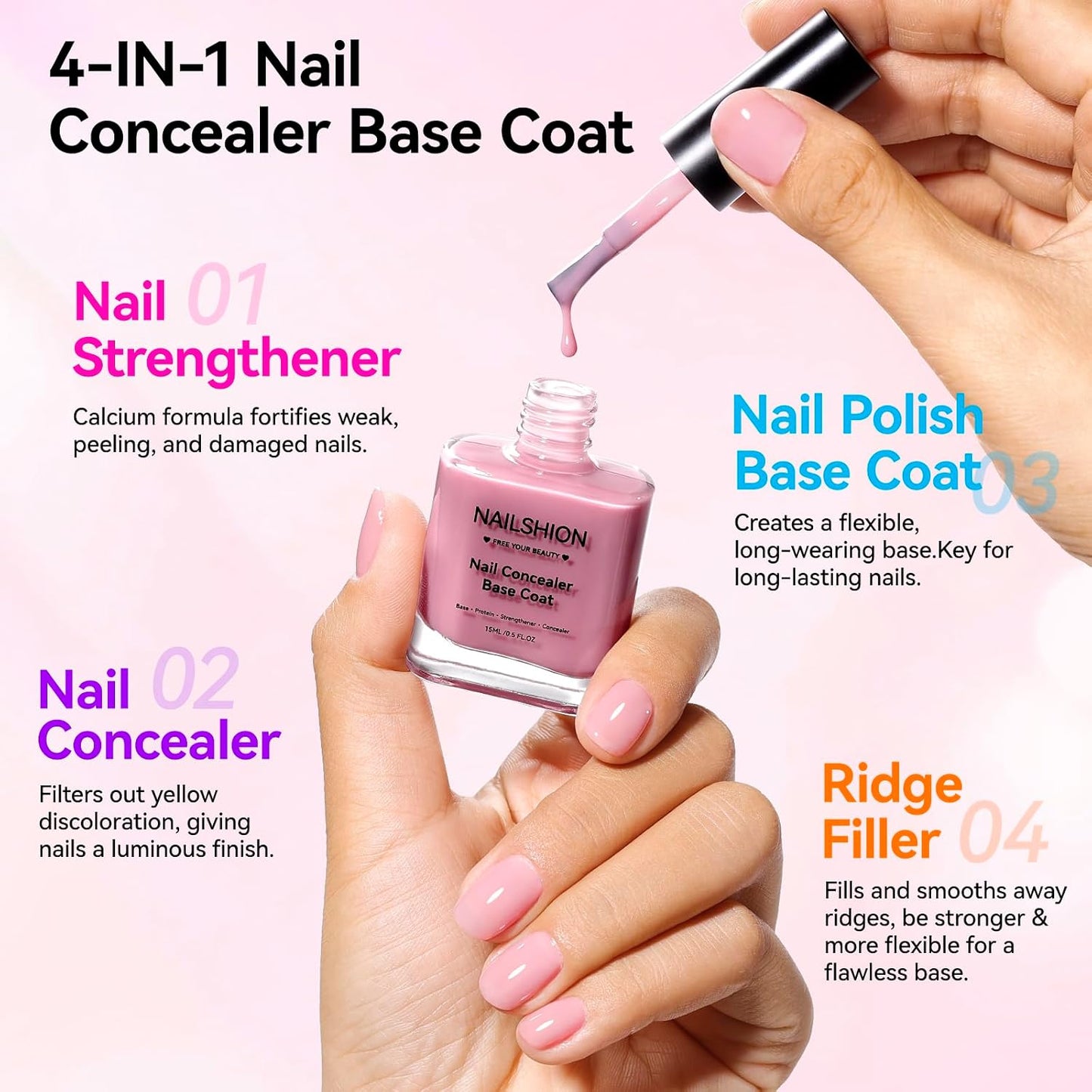 Illuminating Nail Concealer Base Coat - 4-in-1 Sheer Polish & Strengthener for Discolored Nails | 15ml Quick Dry