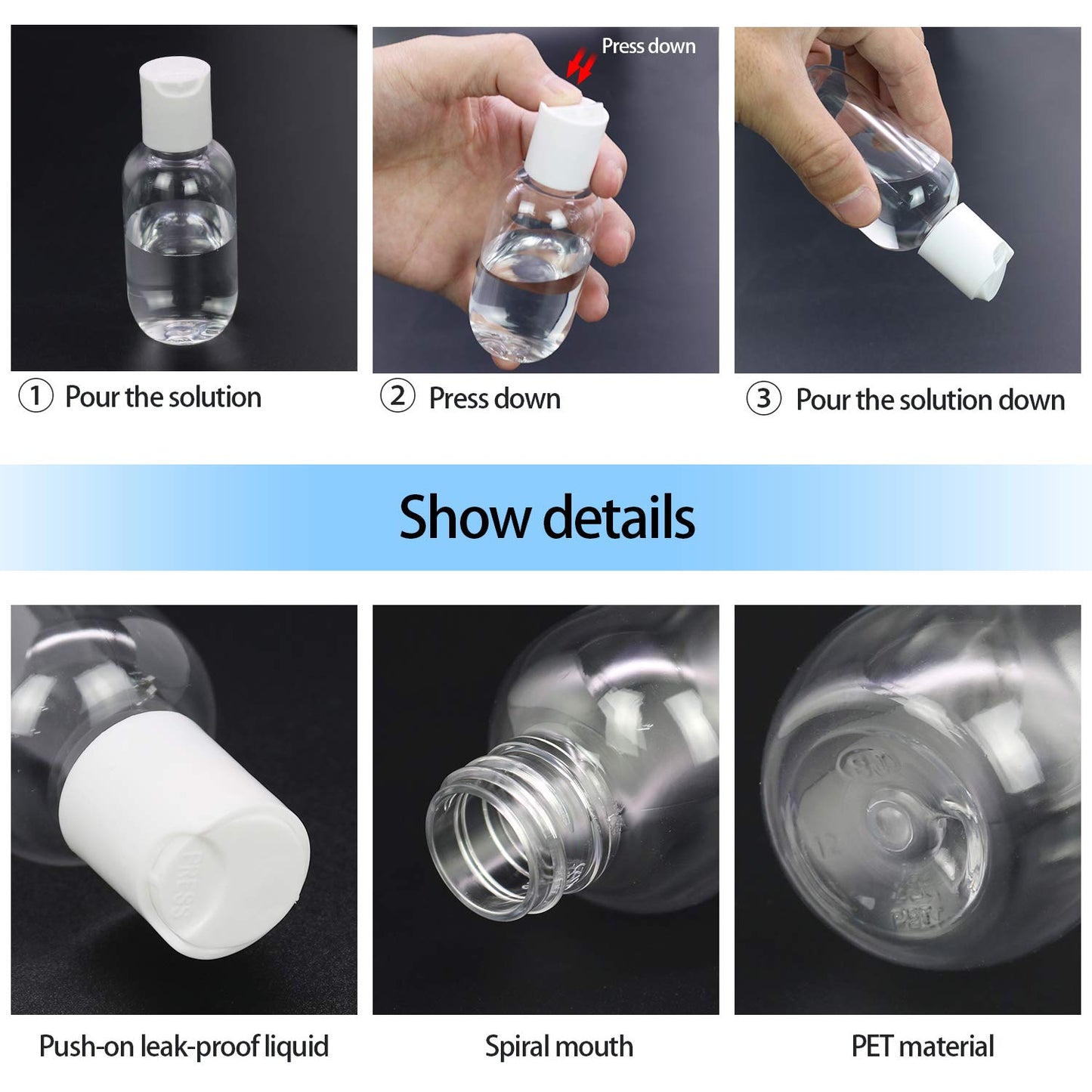TRENDBOX 60ml / 2oz Empty Plastic Refillable Essentials Bottles with Disc Top Flip Cap - 6 Pack