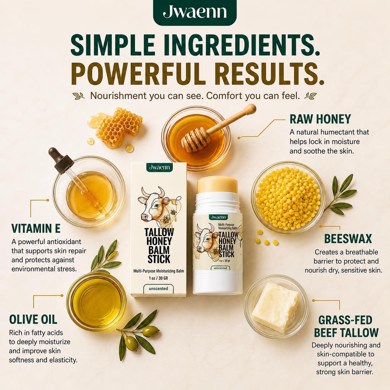 JWAENN Tallow Honey Balm Stick Grass-Fed Beef Tallow Moisturizer for Face & Body, Multi-Purpose Solid Balm for Sensitive Skin, with Raw Honey & Vitamin E, 30g, 1 oz