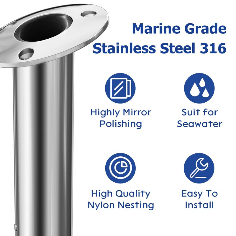 15 Degree Fishing Rod Holder 2 Pack, 316 Stainless Steel Rod Holders for Fishing Boat, Flush Mount, Heavy Duty