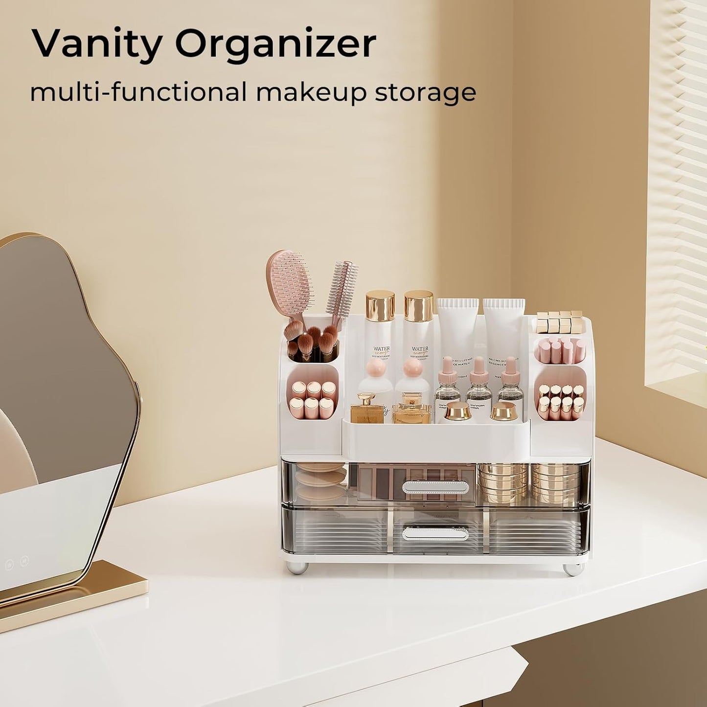 Makeup Organizer for Vanity - 2 Large Drawers & Brush Holders | White Cosmetic Display Case for Skincare & Perfume