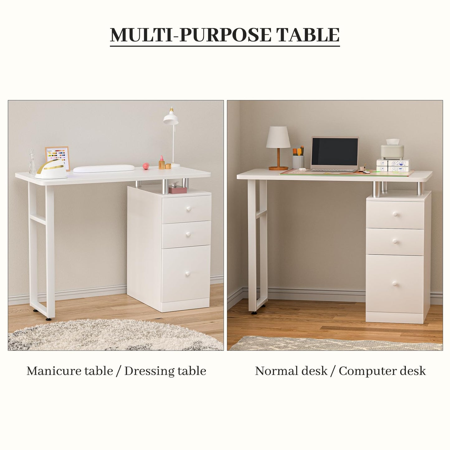 Charmmade Nail Desk, White Manicure Table with Wrist Cushion