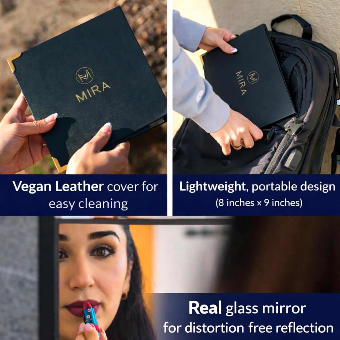 Folding Travel Makeup Mirror - 3-Way Portable Vanity & Full Length - Ideal for Outfits, Hair & Makeup | Perfect for Dance Bags & Camping
