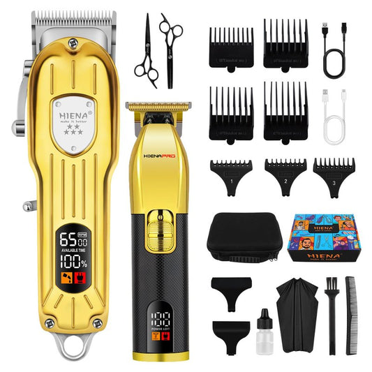HIENA PRO Hair Clippers Set for Men, Professional Barber Kit for Hair Cutting, Cordless Rechargeable Clippers and Trimmers Set, Hair Cutting Kit with LED Display, USB, Gifts for Men (Gold Black)