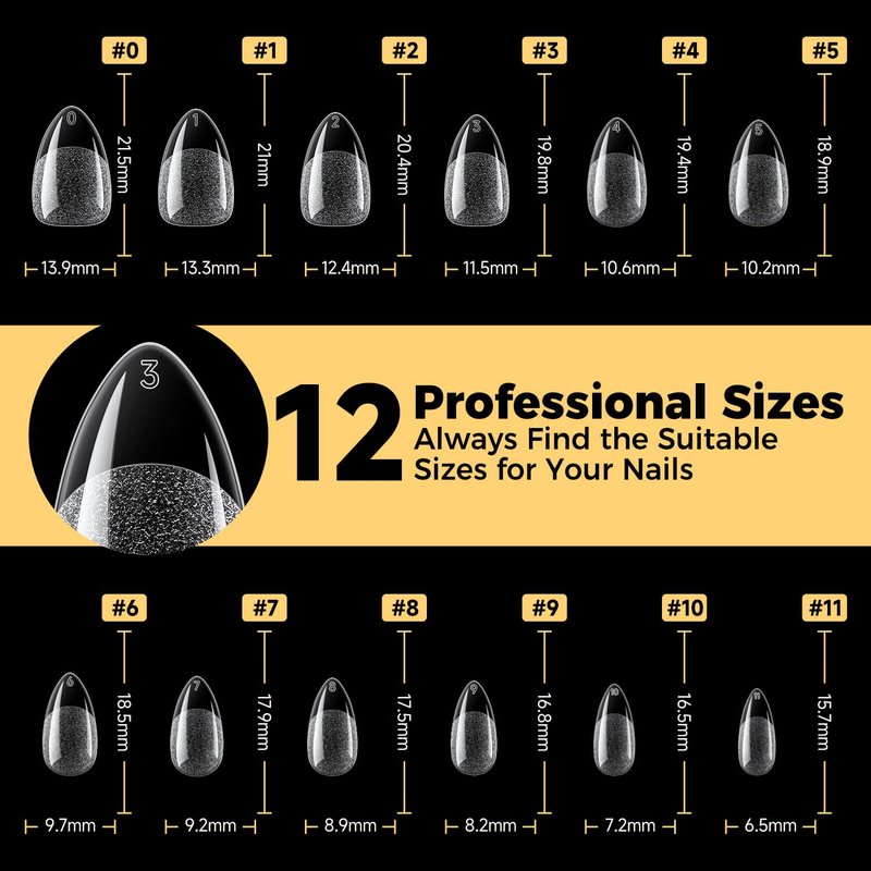 UNA GELLA Short Almond Gel Nail Tips, 600 Pcs Pre-Filed Short Nail Tips Almond Shape Half Matte Press On Nails 12 Sizes Full Cover Clear Fake Nails for Extension Home DIY Salon with Box