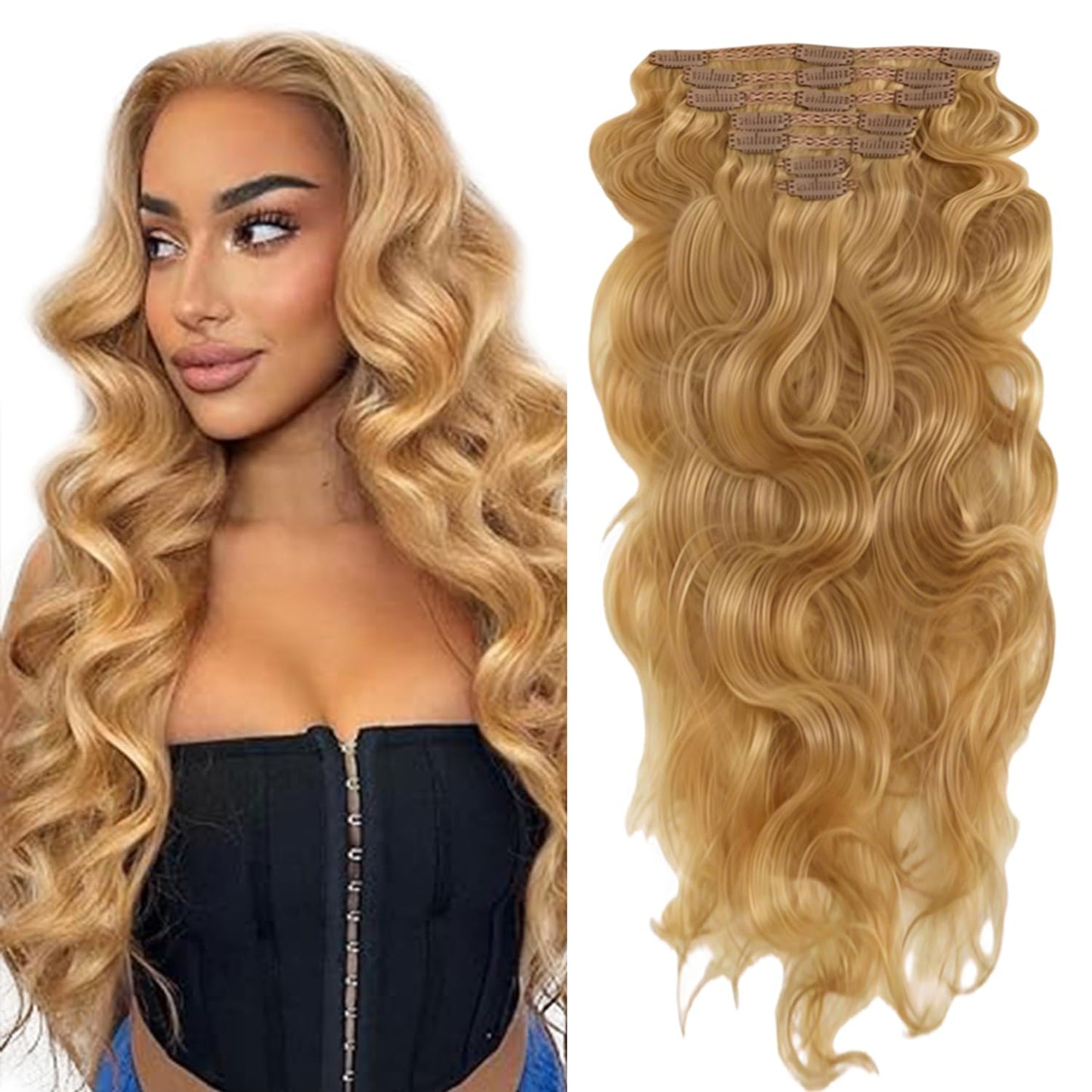 #27 Blonde Clip in Hair Extensions Real Human Hair, 26 Inch 120g/7Pcs,Full Shine Remy Human Hair,Honey Blonde Long Wave Clip ins Brazilian Virgin Human Hair Extensions