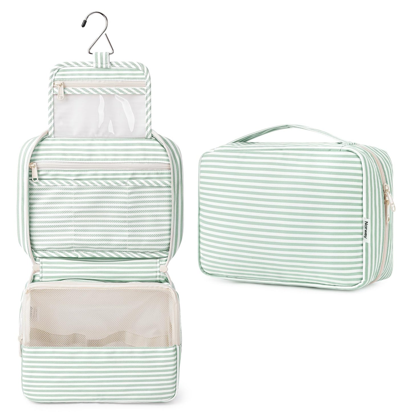 Narwey Small Hanging Travel Toiletry Bag for Women, Travel Bag for Toiletries, Makeup Bag Organizer Cosmetic Bags Make Up Bags for Girls (Mint Green Stripe)