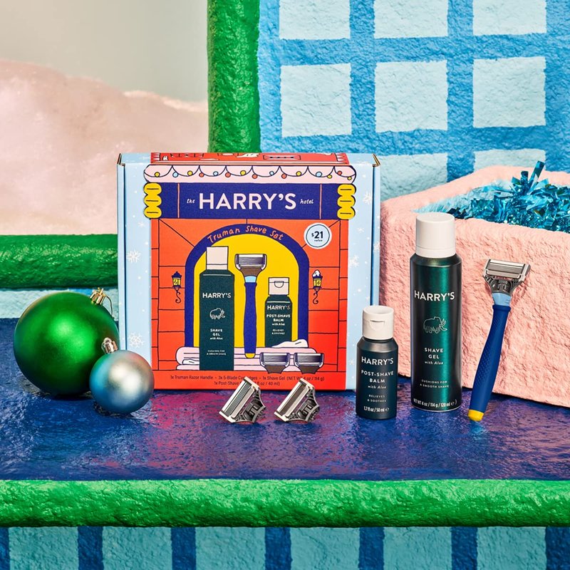 Harry's Original Holiday Shaving Gift Set for Men - Razor Handle, 3 Razor Blade Refills, Foaming Shave Gel, and Post-Shave Balm - German Engineered - Evening Blue