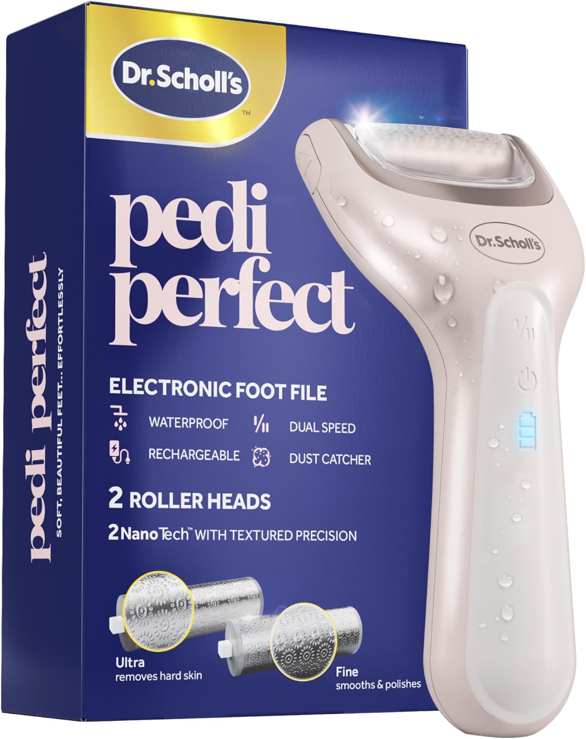 Pedi Perfect Electric Foot Callus Remover - Waterproof & Rechargeable | 2 Roller Heads, 90 Min Run Time