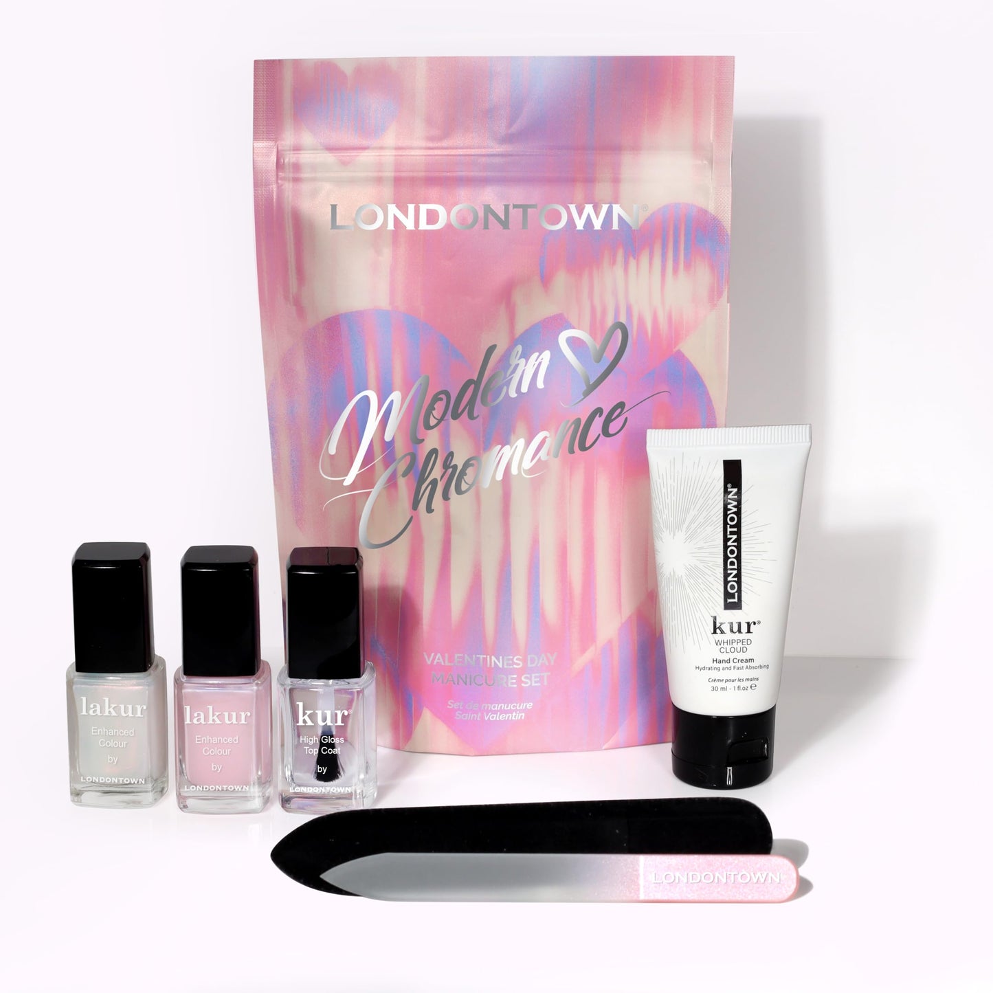LONDONTOWN Modern Chromance Valentine’s Day Nail Gift Set – All-in-One Manicure Set with Sheer Pink Color, Chrome Finish, High-Gloss Top Coat & Glass Nail File, Valentine’s Day Gift, Vday Nails