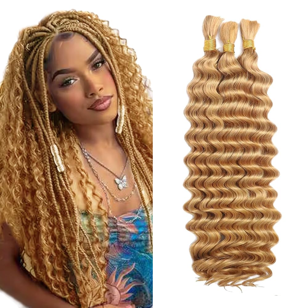 #27 Honey Blonde Human Braiding Hair Deep Wave Bulk 24 24 24 Inch Honey Blonde Deep Wave Braiding Hair Extensions Unproceesed Virgin Hair 50 Gram Per Bundle 3 Bundle