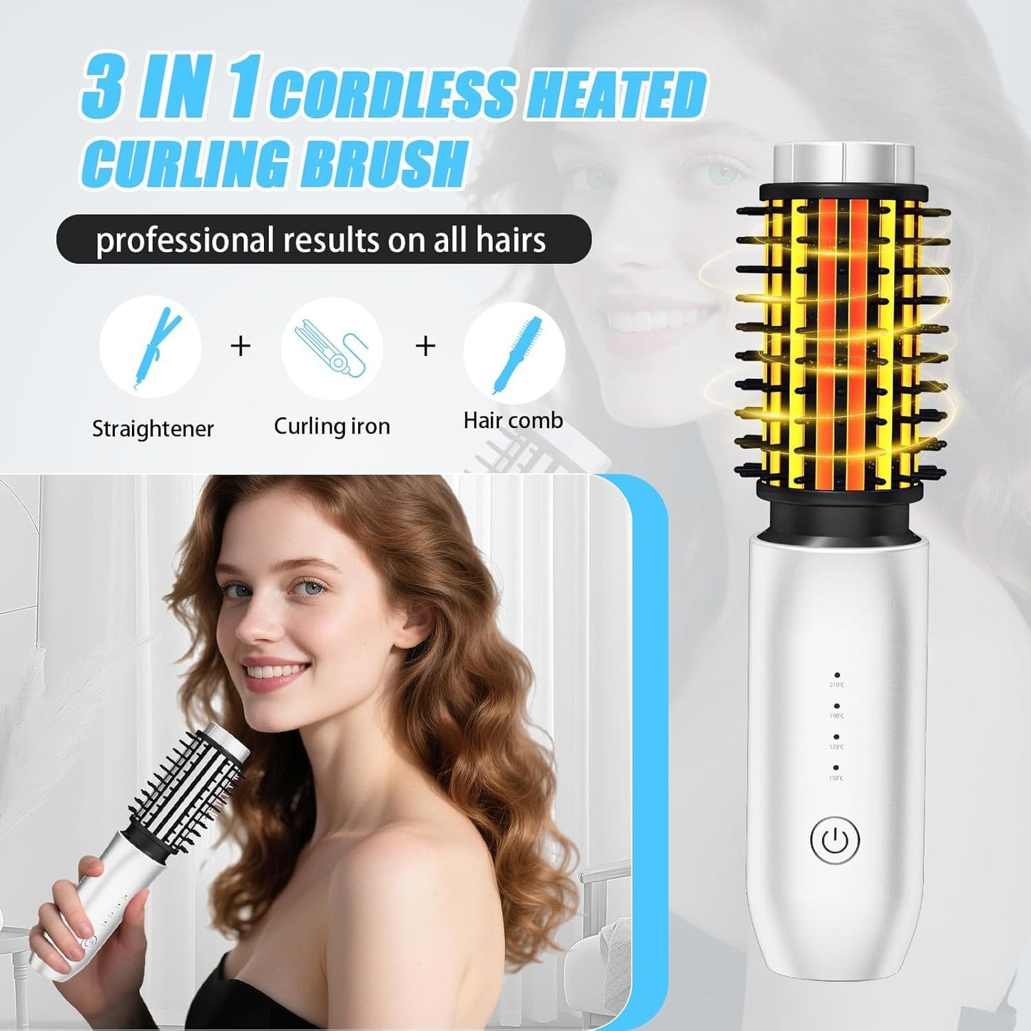 Cordless Curling Iron Brush - 3-in-1 Mini Travel Heated Styling Tool | Rechargeable, 1.5-Inch, White
