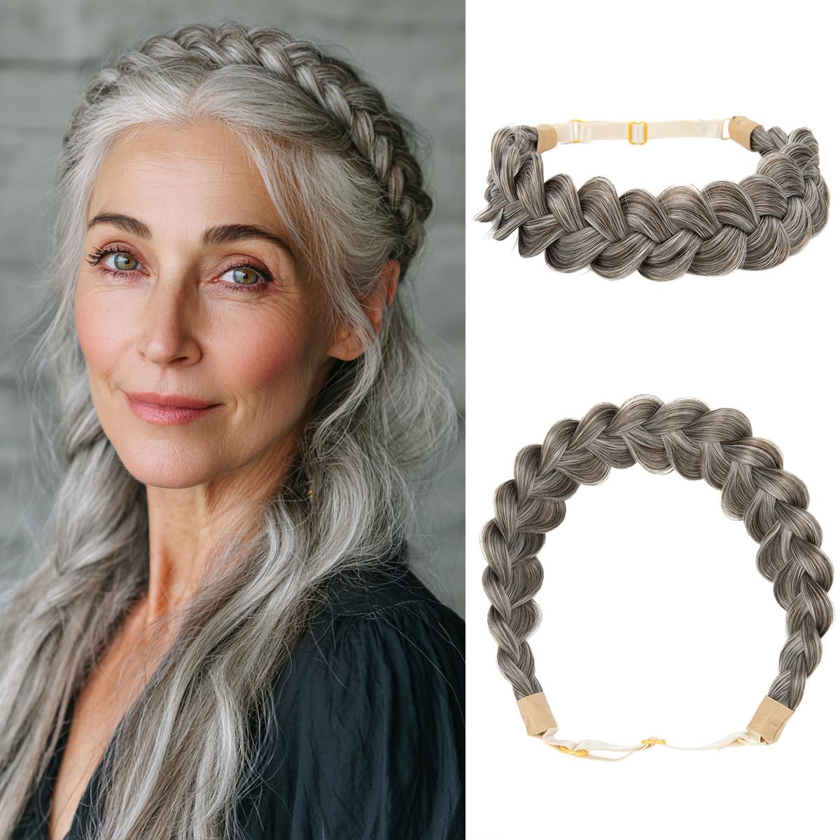 Wide Elastic Braided Headband for Women | Adjustable Synthetic Hair Hairpiece - Ash Grey
