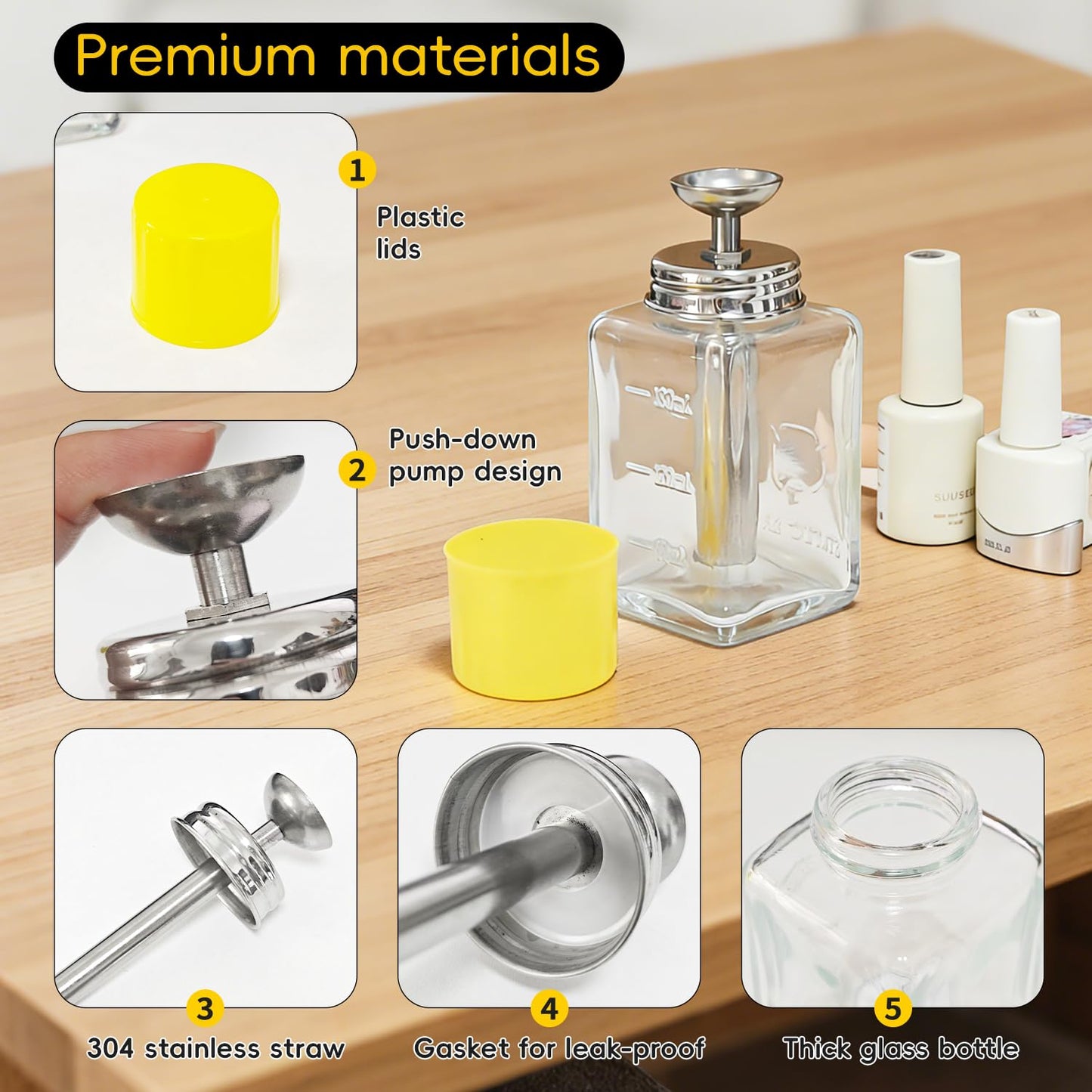 ffresiss 6oz / 180ml Glass Dispenser, Push Down Acetone Pump Alcohol Dispenser with Metal Cover, Nail Polish Remover Liquid Pump Square Bottle Hand Pumping Rubbing Press Container