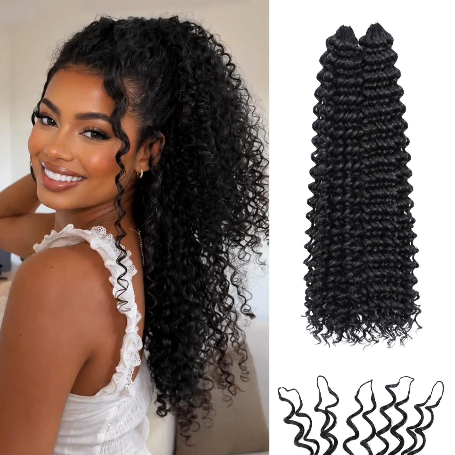 Miracle Knots Feather Crochet Hair (Jerry Curl) - 14" Hand-Tied Synthetic Extensions, 50 Strands Soft Cotton Core Glue-Free Knotless Hair Pieces (Natural Black)