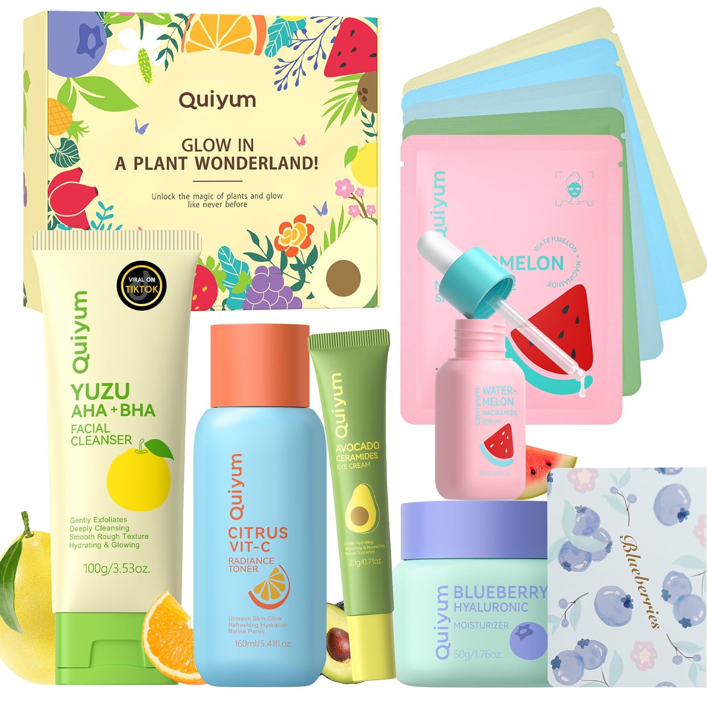 QUIYUM Fruit Skin Care Sets, Routine Skincare with Facial Mask, Beauty Skincare for Women, Facial Care, Hydration, Moisturizing, Oil Control, Glow Up, Teen Girl Gifts Trendy Stuff, Spa-Like at Home