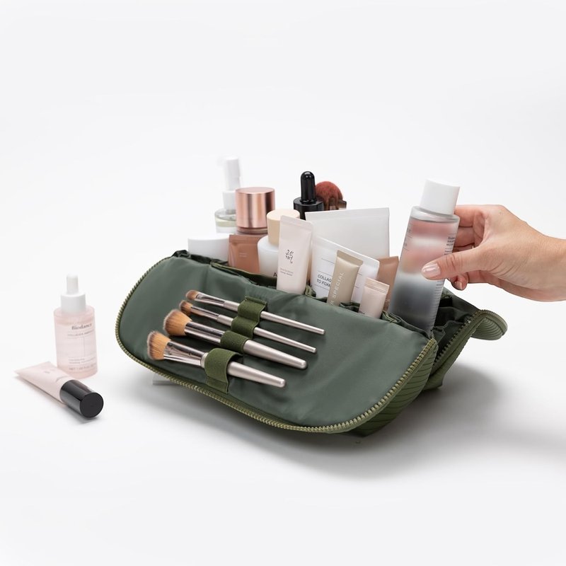 Vertical Waterproof Makeup & Toiletry Bag - 23-Pocket Organizer for Skincare & Essentials | Olive Color