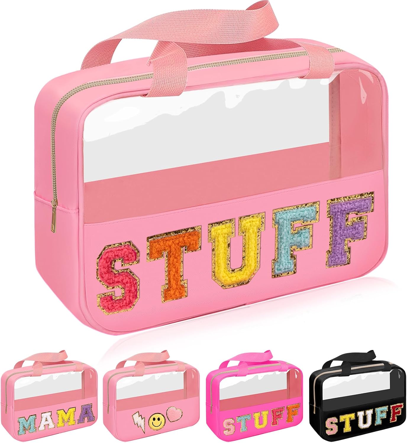 Chenille Letter Patch Stuff Bag - Large Clear Makeup & Toiletry Tote | Waterproof Nylon Organizer for Travel (Pink)
